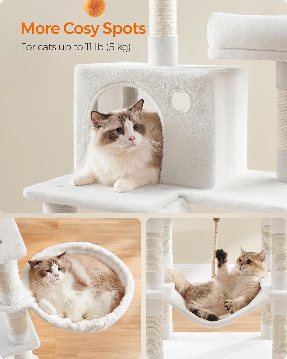 Cat Tree, 168 and 206 Cm Large Cat Tower with 13 Scratching Posts, 1 Scratching Ramp, 2 Perches, 2 Caves, Basket, Hammock, Pompoms, Multi-Level Plush Cat Condo for Indoor Cats, Cream White