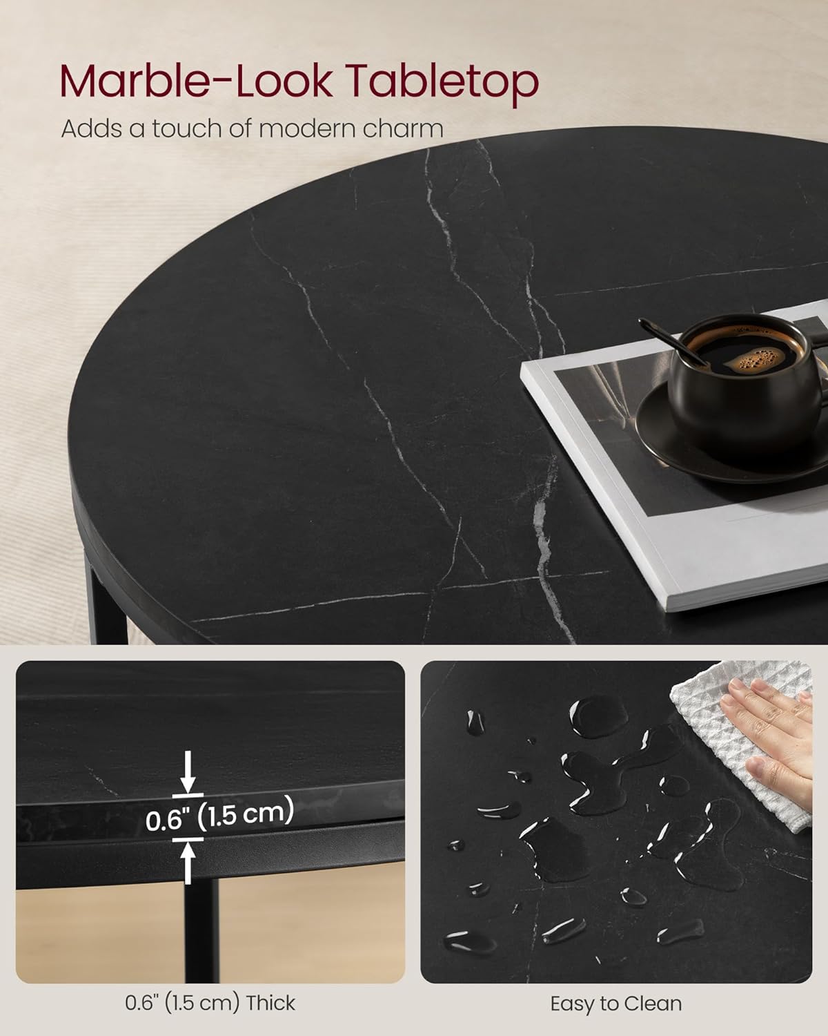 "Modern Marble Black Coffee Table with Tempered Glass Shelf - Easy Assembly, Stylish Living Room Furniture"