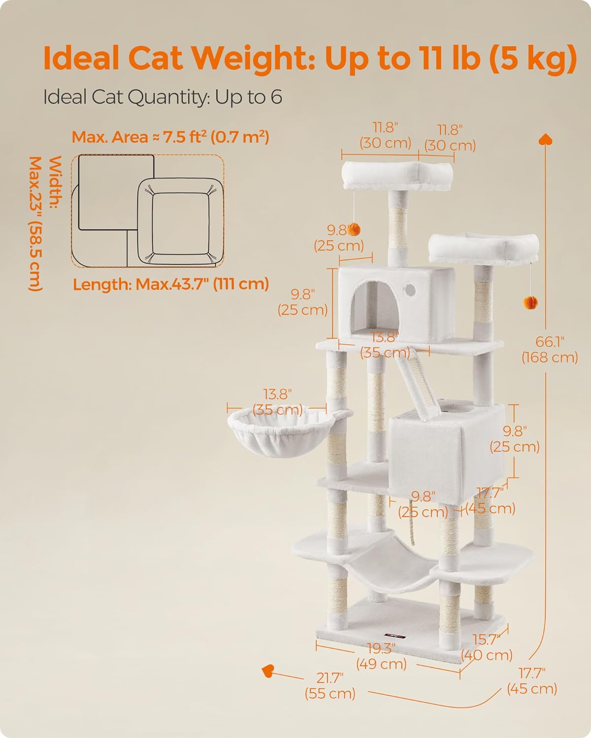 Cat Tree, 168 and 206 Cm Large Cat Tower with 13 Scratching Posts, 1 Scratching Ramp, 2 Perches, 2 Caves, Basket, Hammock, Pompoms, Multi-Level Plush Cat Condo for Indoor Cats, Cream White