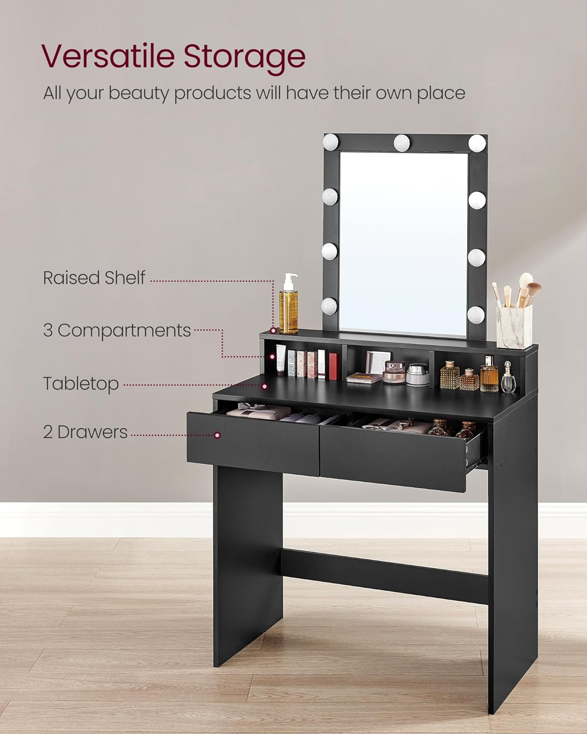 Dressing Table, LED Lights with Adjustable Brightness