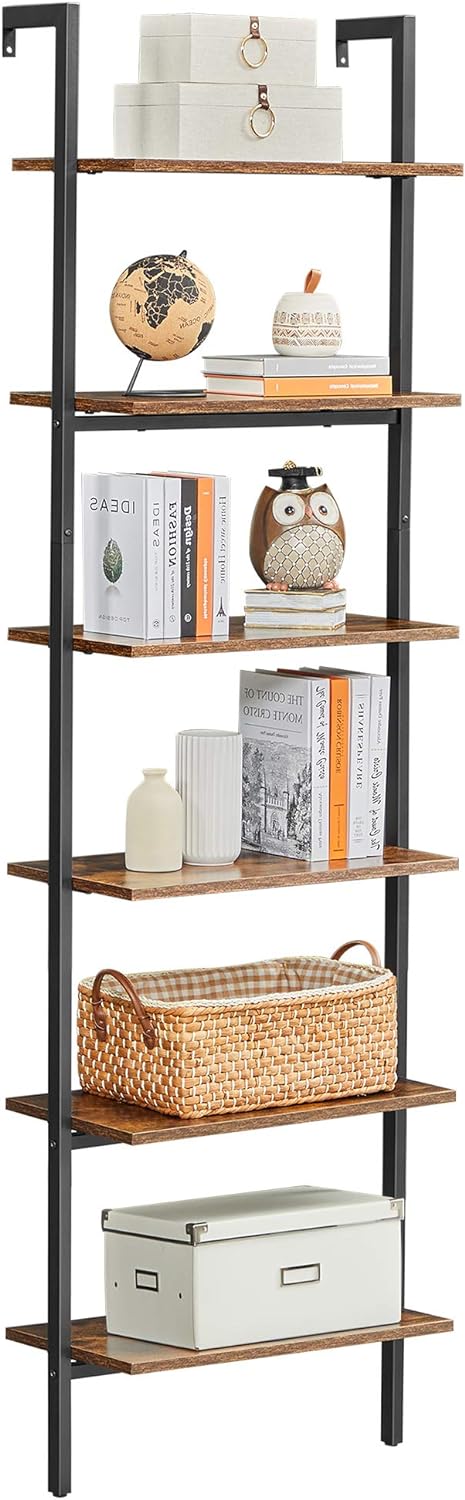 Insutrial Style 6-Tier Bookshelf and Ladder Shelf, Wall Shelf for Living Room, Office, Kitchen, Bedroom