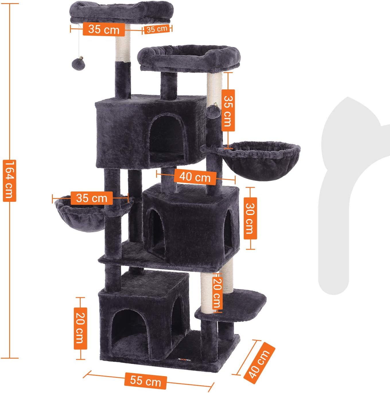 Large Cat Tree with 3 Cat Caves, 164 Cm Cat Tower, Smoky Grey PCT98G