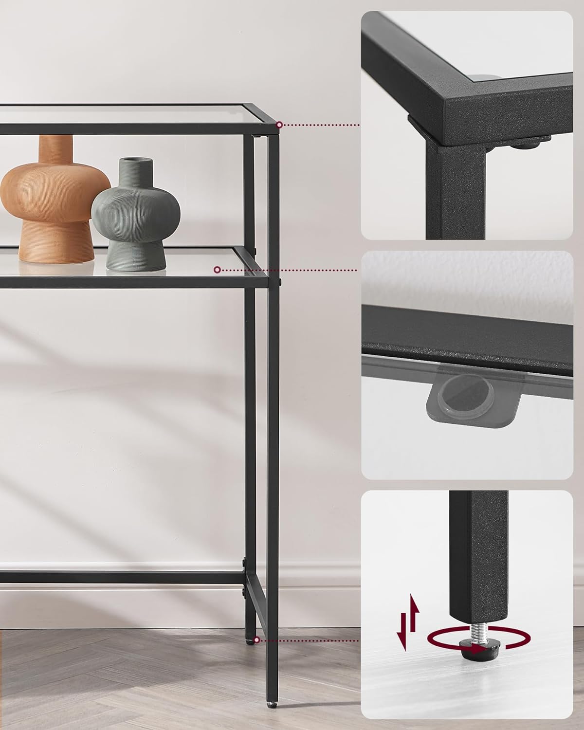 Black 2 Storage Shelf Console Table, Entrance Table, Sofa End, Tempered Glass Table Top