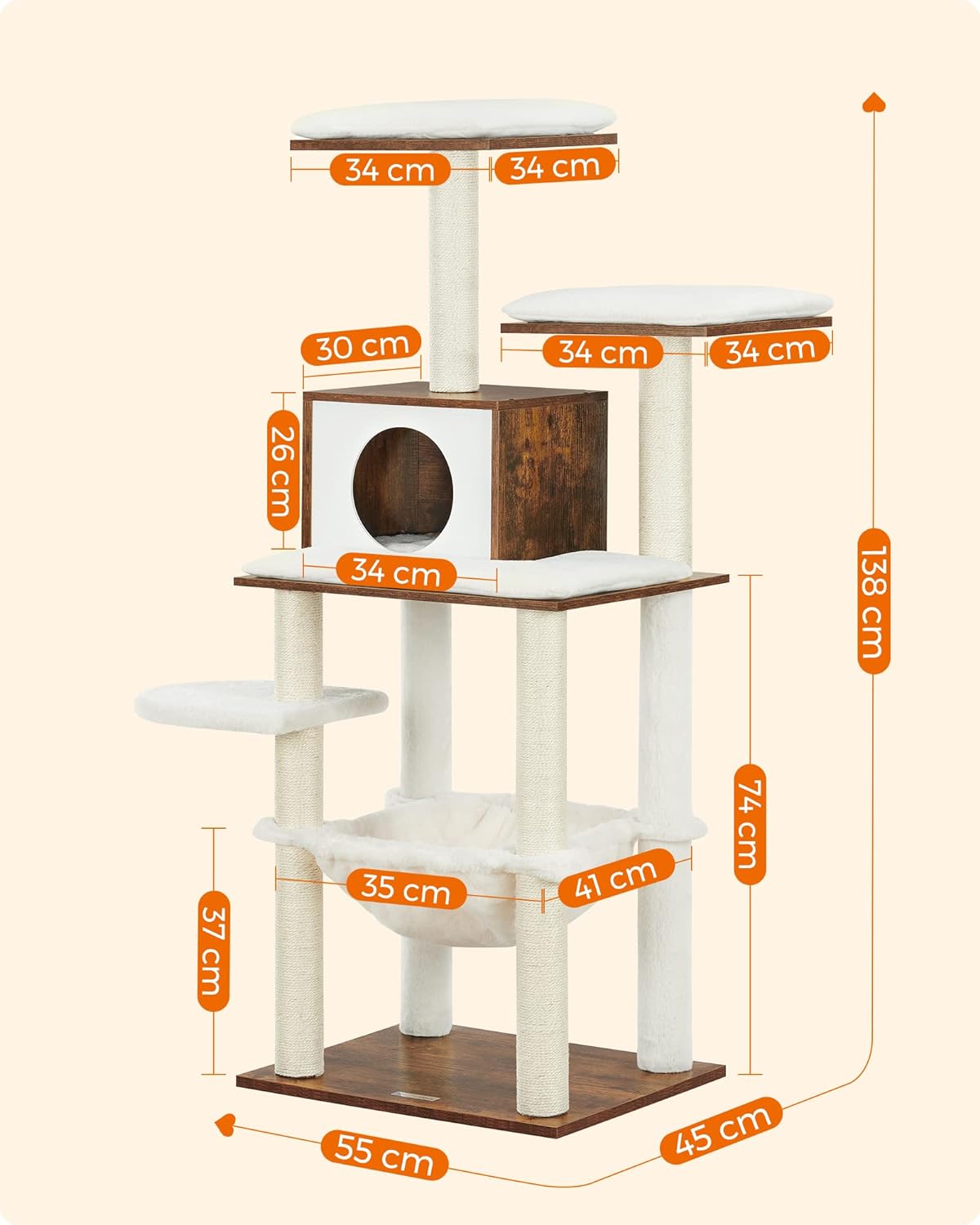 Cat Tree, 138 Cm Modern Cat Tower for Indoor Cats, Rustic Brown