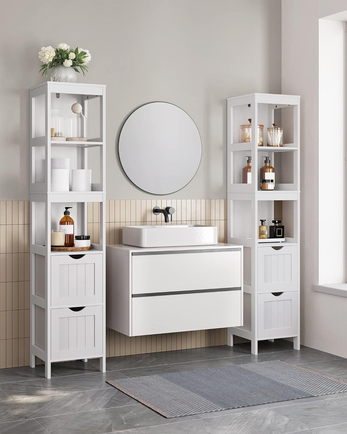 High Cabinet Bathroom Storage Cabinet with Legs Slim Column with 2 Drawers