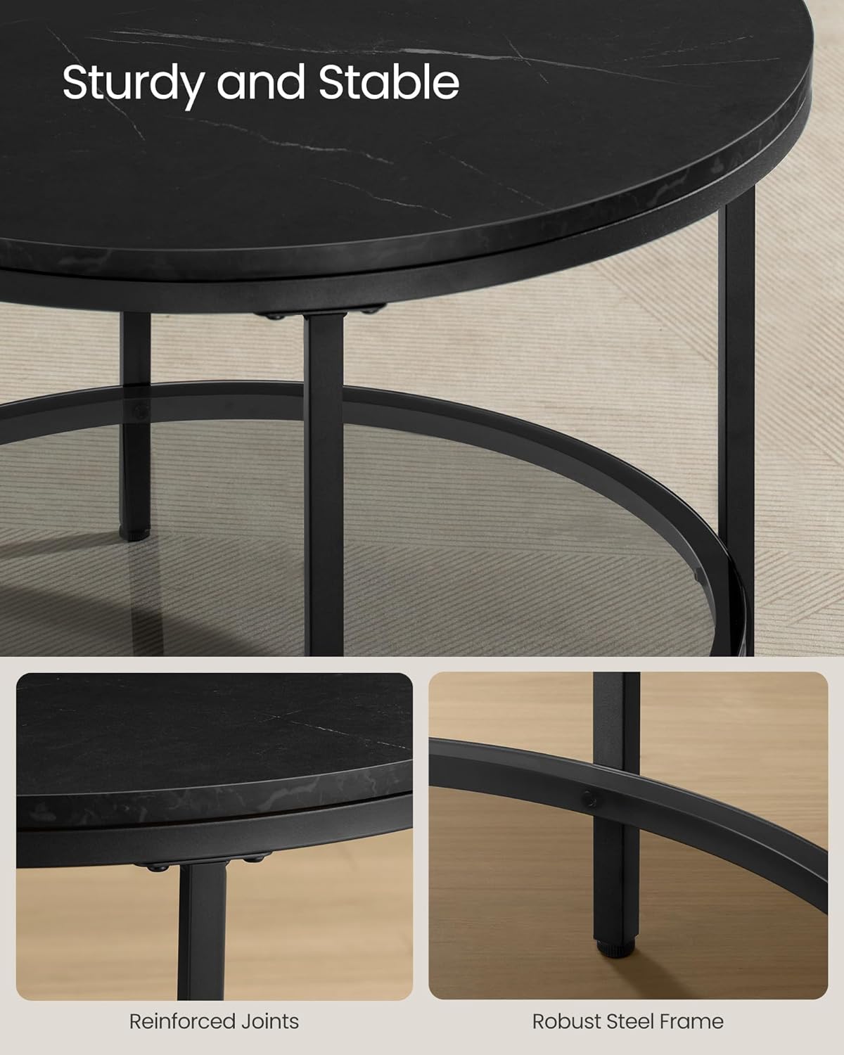 "Modern Marble Black Coffee Table with Tempered Glass Shelf - Easy Assembly, Stylish Living Room Furniture"