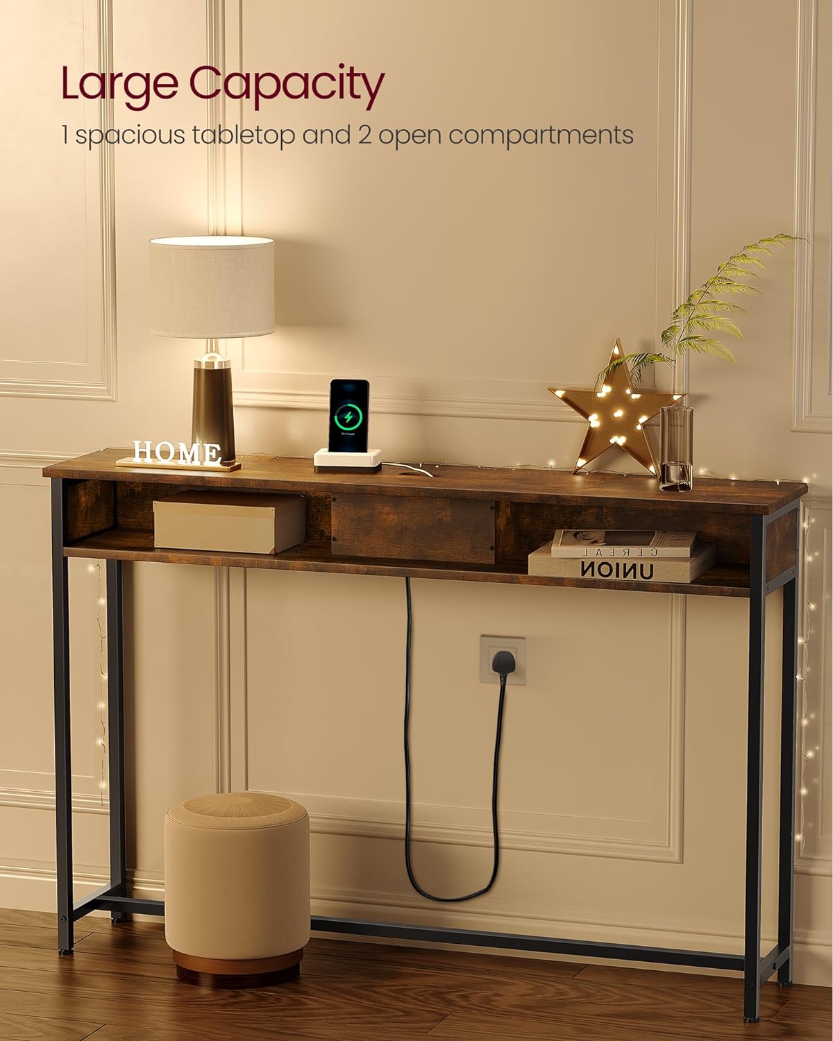 Industrial Style Console Table with Charging Station, Slim Console Table for Hallway, Narrow Table with 2 Compartments