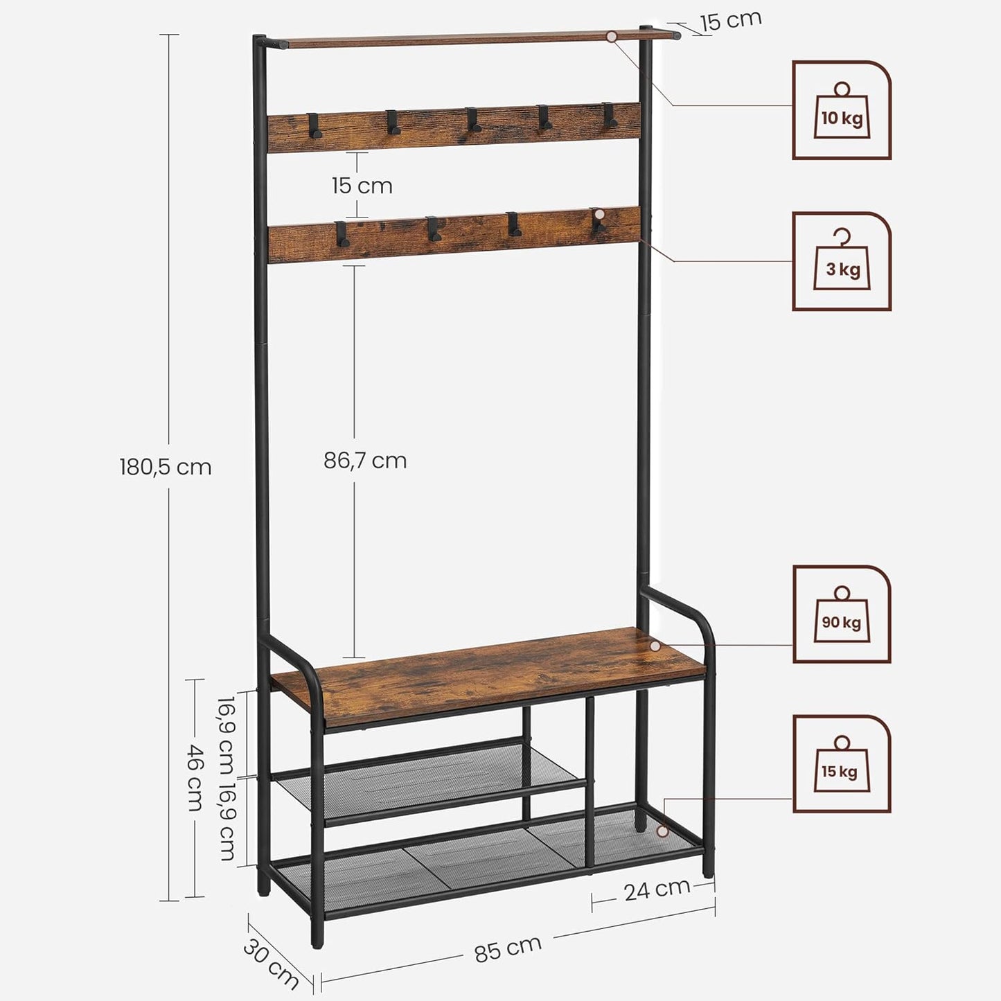 Industrial Style Coat Stand Rack, Coat and Shoe Storage Hallway