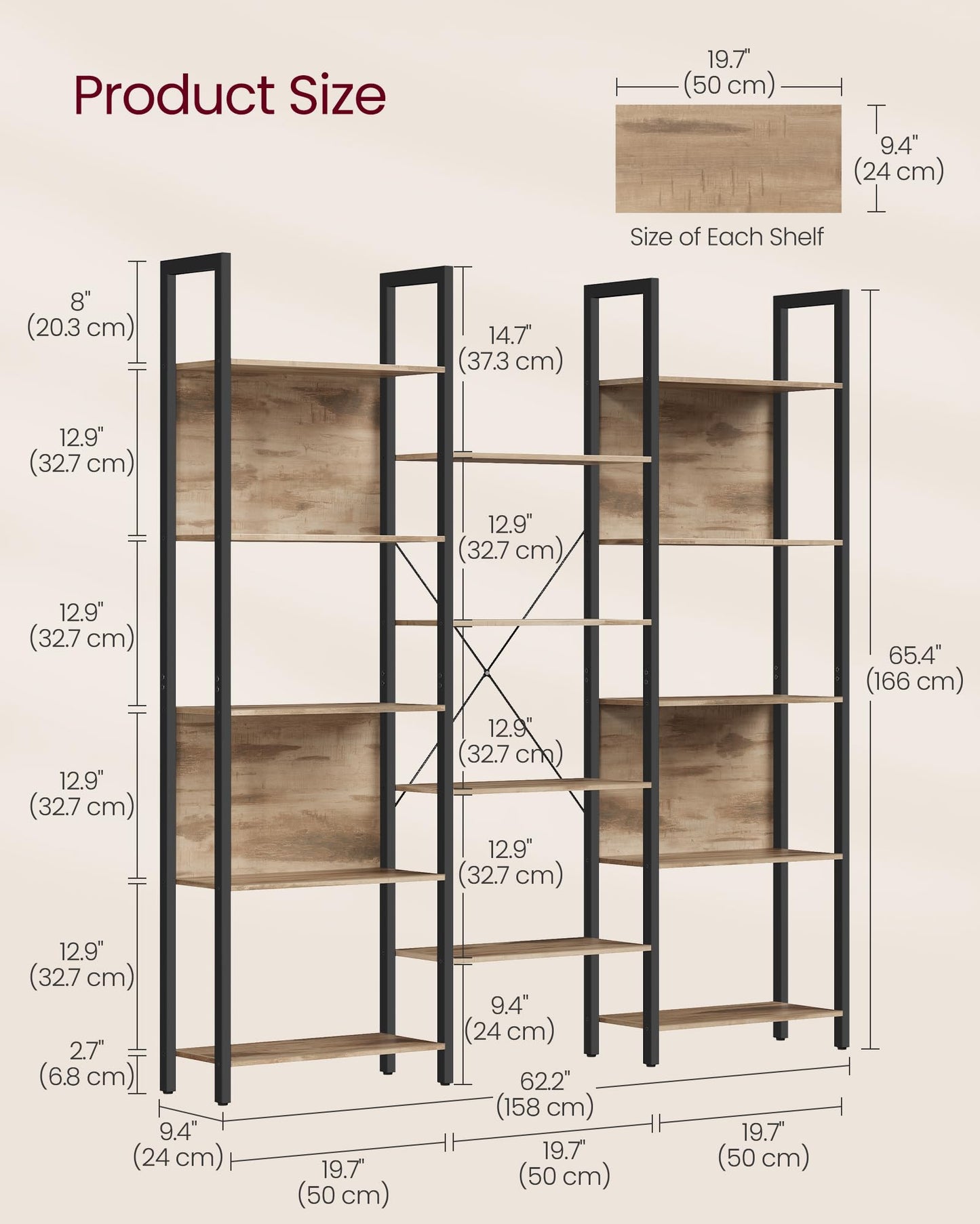 Industrial Style Bookshelf with 14 Shelves