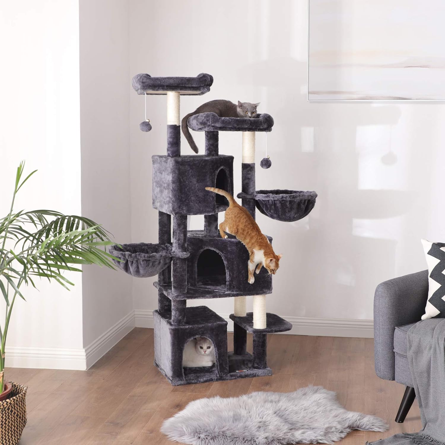 Large Cat Tree with 3 Cat Caves, 164 Cm Cat Tower, Smoky Grey PCT98G