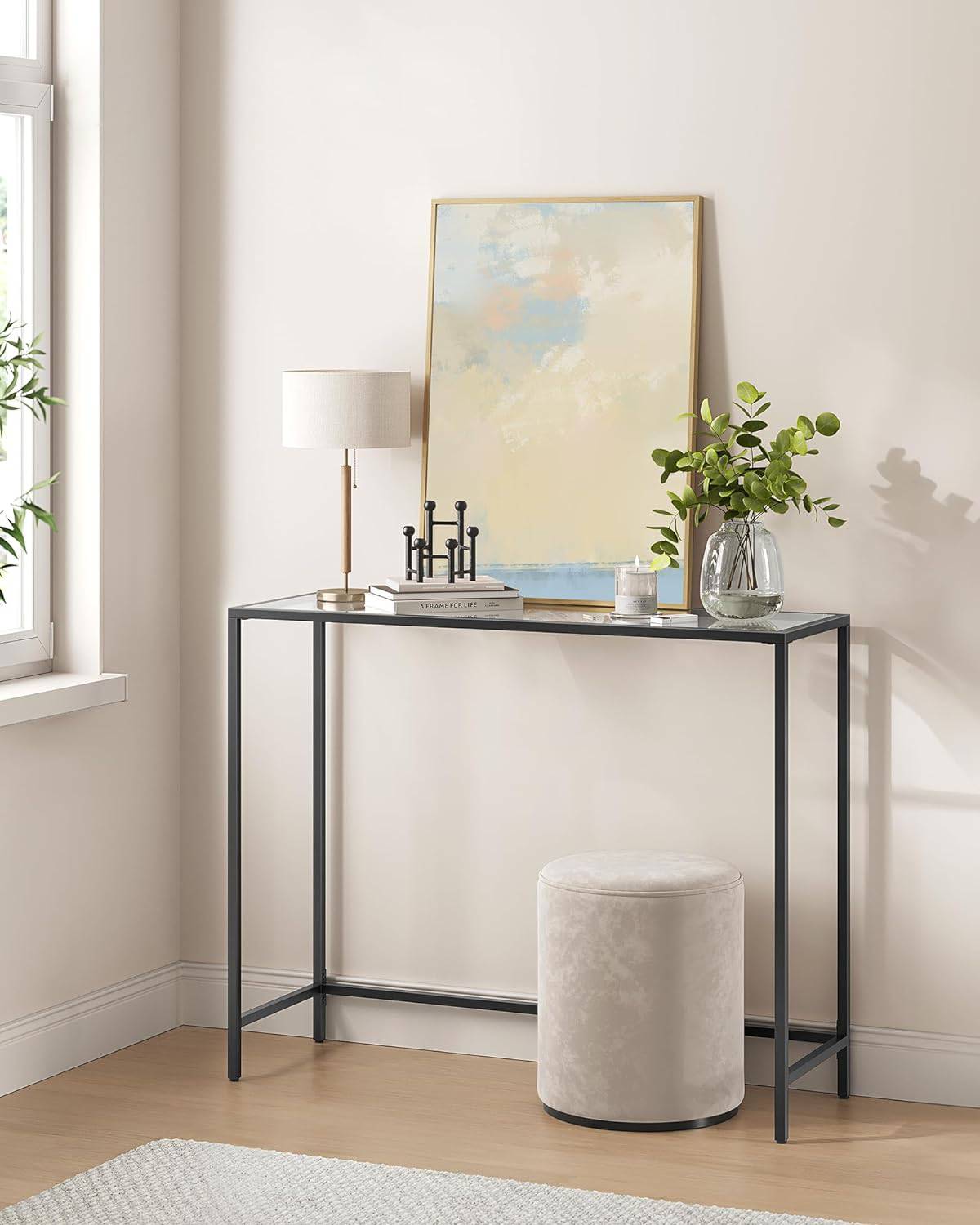 Black Console Table, Entrance Table, Sofa End, Tempered Glass Table Top