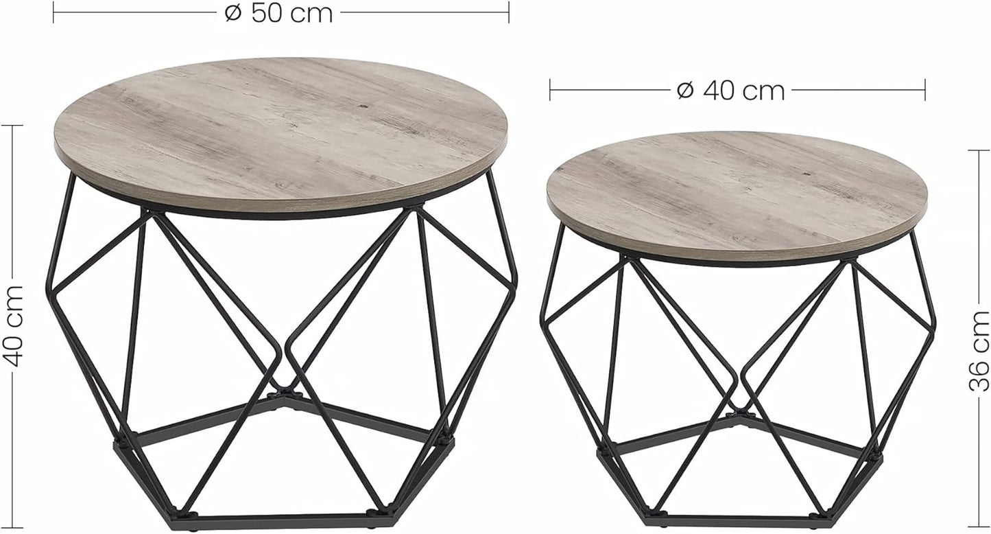 Industrial Style Chic Round Coffee Tables Set - 2 Side Tables with Removable Tabletop