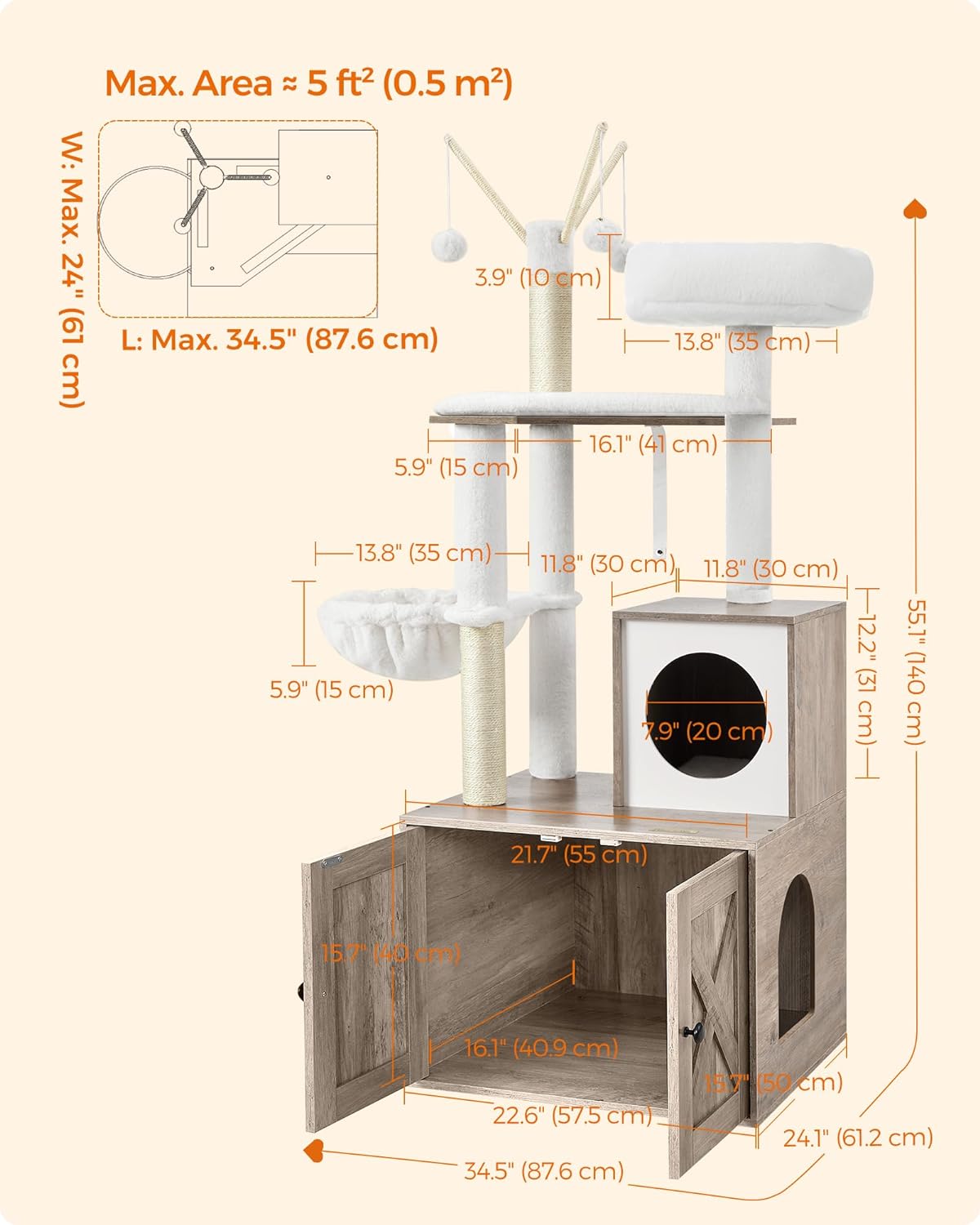 Industrial Style Woodywonders Cat Tree with Litter Box Enclosure, 2-In-1 Modern Cat Tower