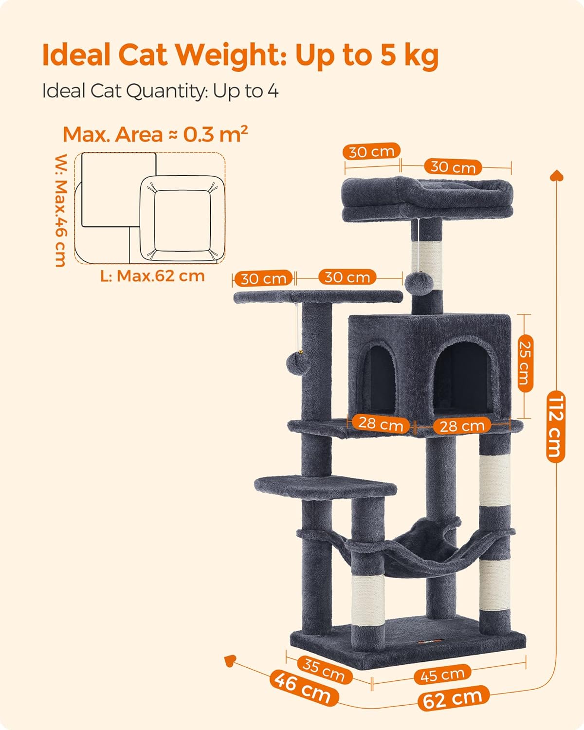 Cat Tree, Cat Condo with Hammock, 112 Cm-143 cm