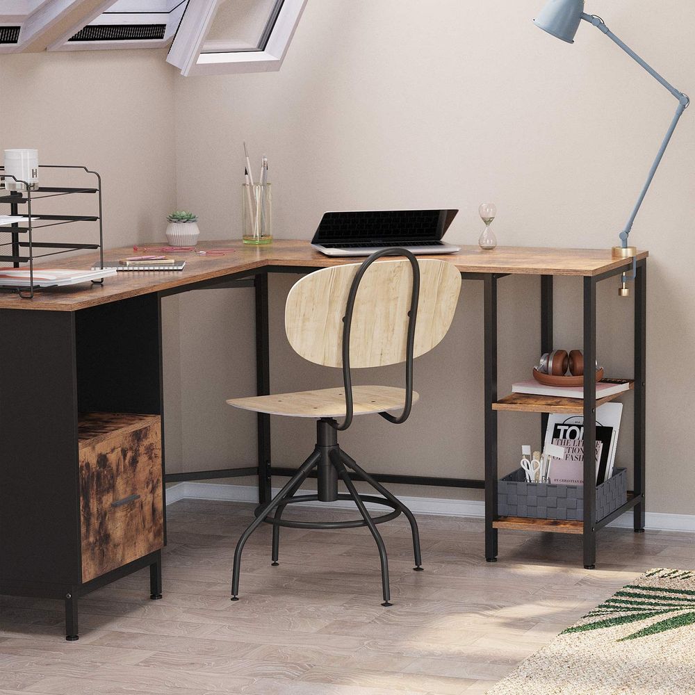 Industrial Style L Shaped Computer Desk with File Cabinet