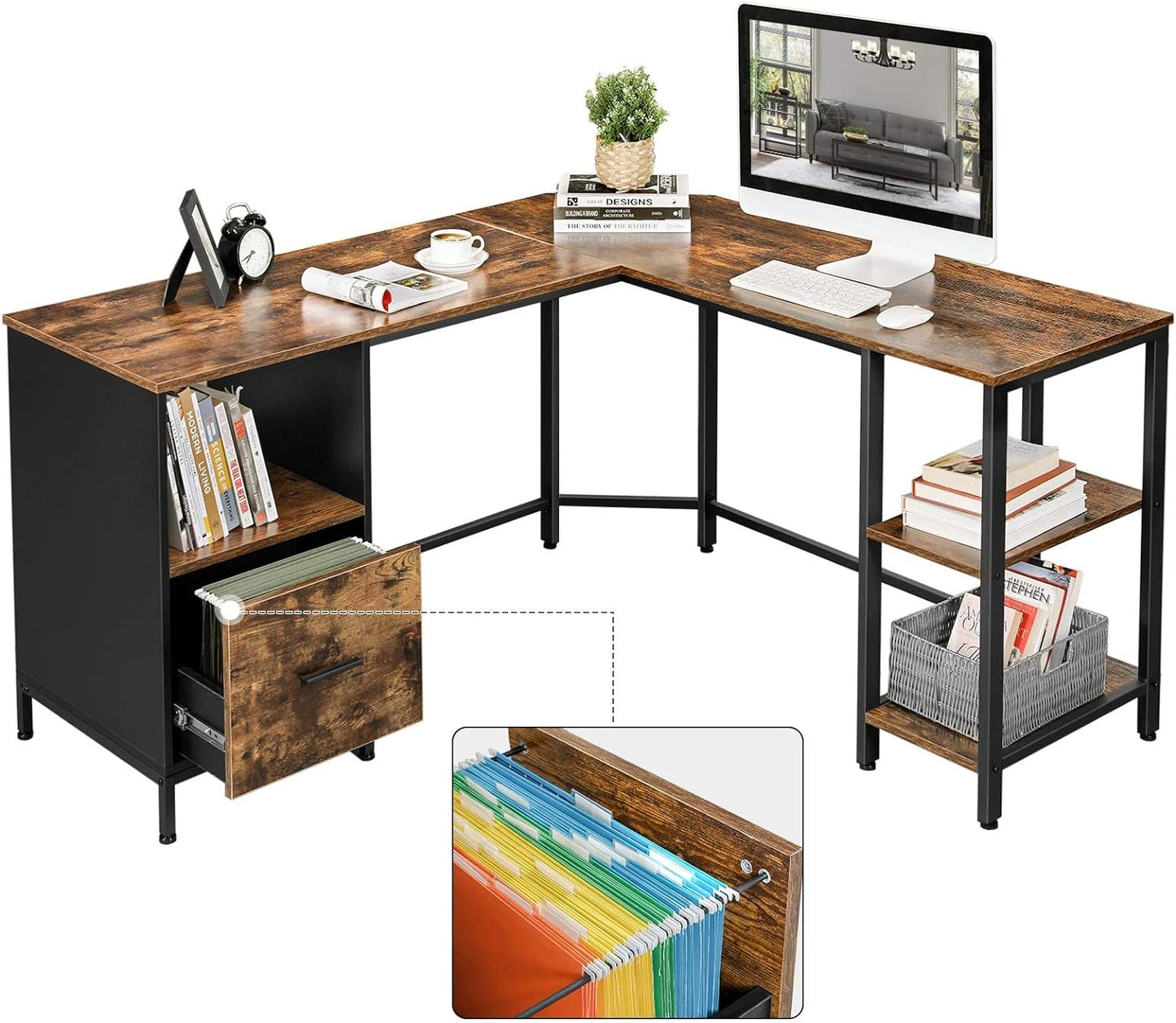 Industrial Style L Shaped Computer Desk with File Cabinet