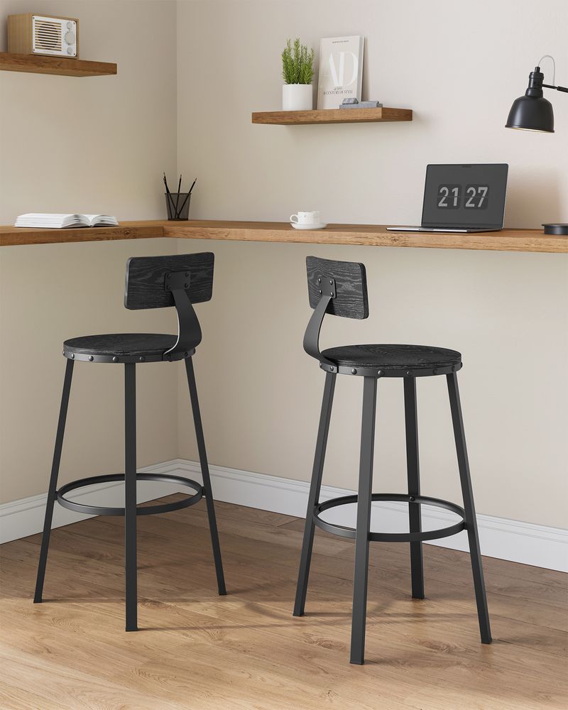 Set of 2 Tall Bar Stools, Bar Chairs with Backrest, Kitchen Stools, Breakfast