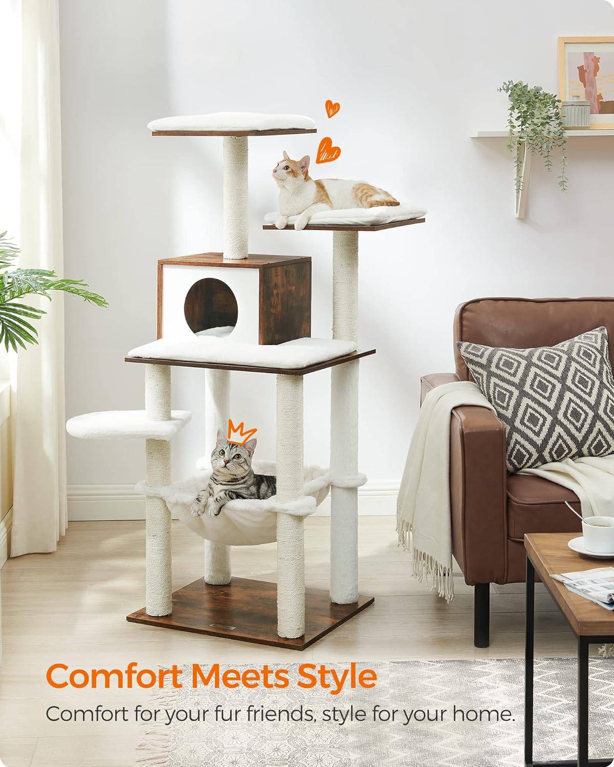 Industrial Style Cat Tree, 138 Cm Modern Cat Tower for Indoor Cats, Rustic Brown and Greige