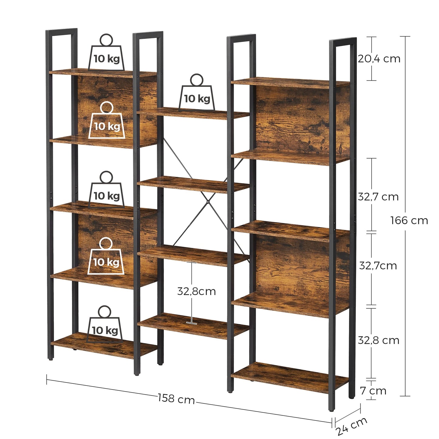 Industrial Style Bookshelf with 14 Shelves