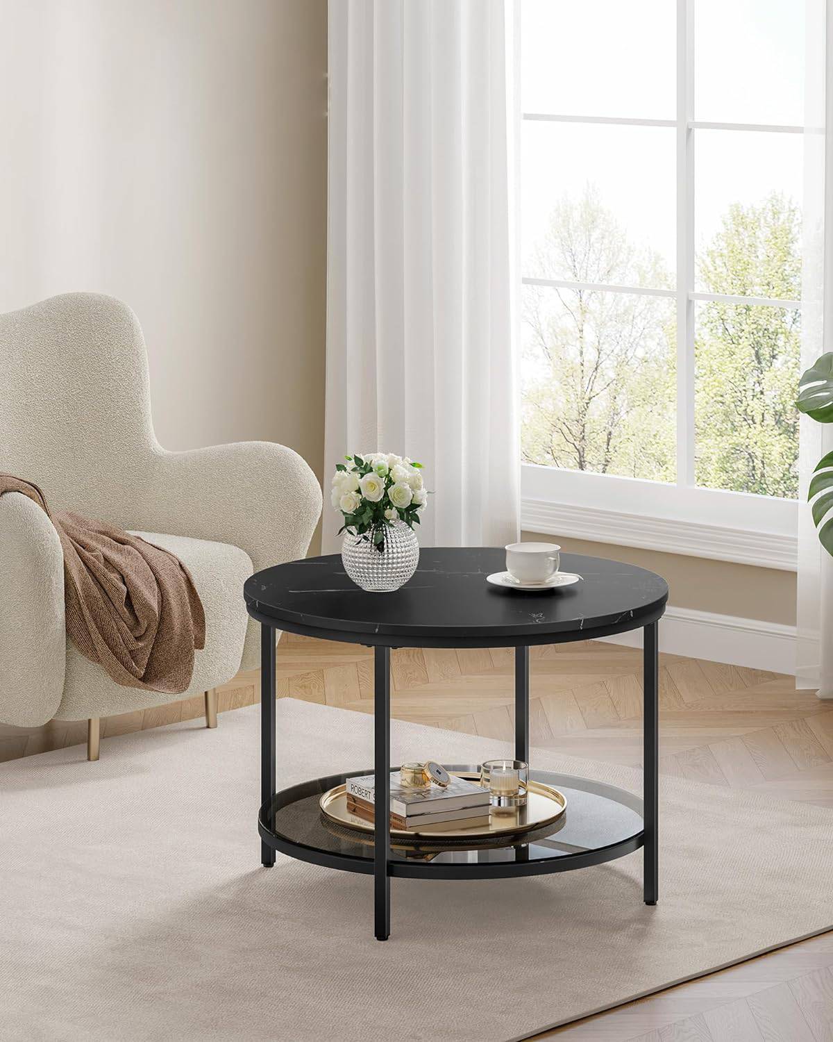 Modern Marble Black Coffee Table with Tempered Glass Shelf