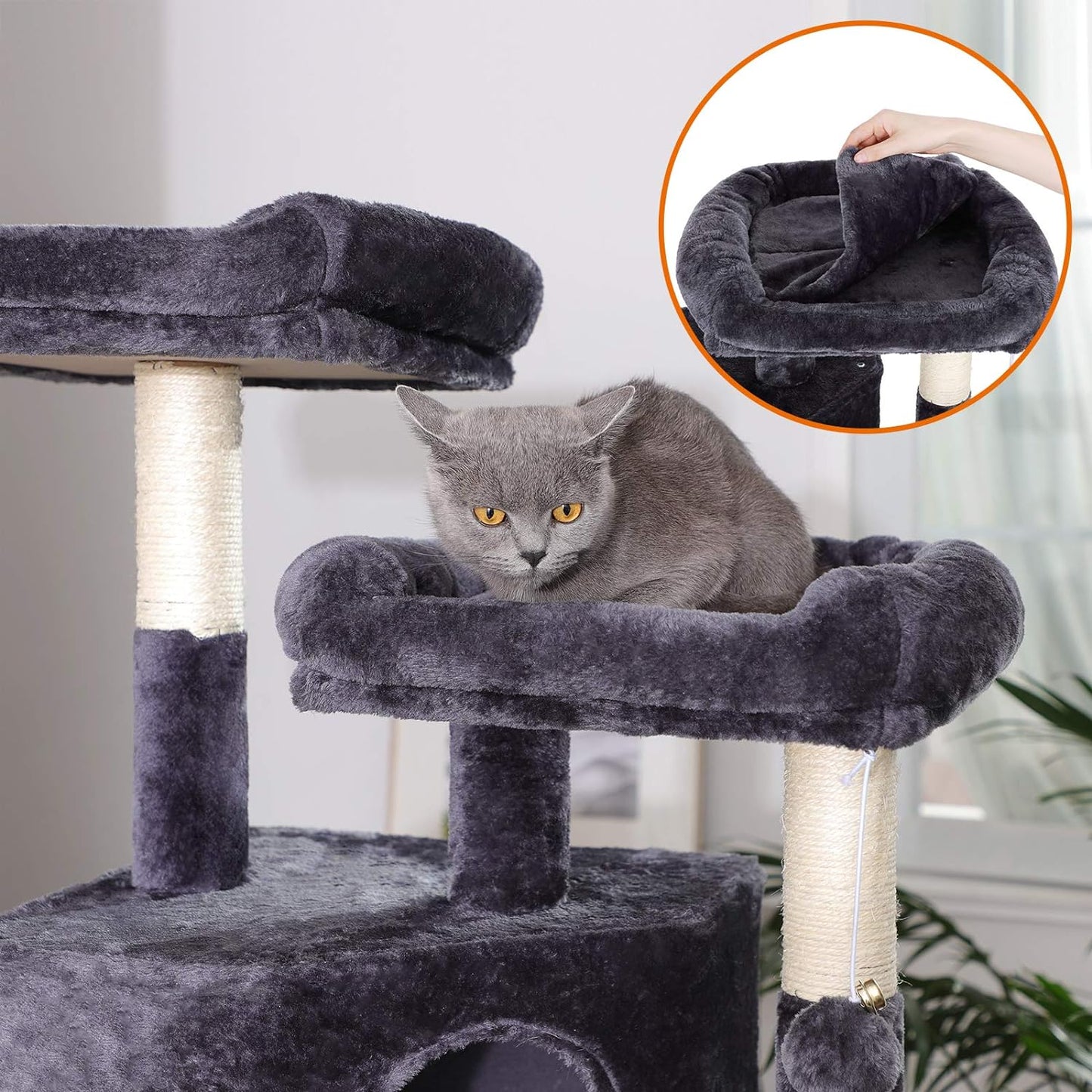 Large Cat Tree with 3 Cat Caves, 164 Cm Cat Tower, Smoky Grey PCT98G