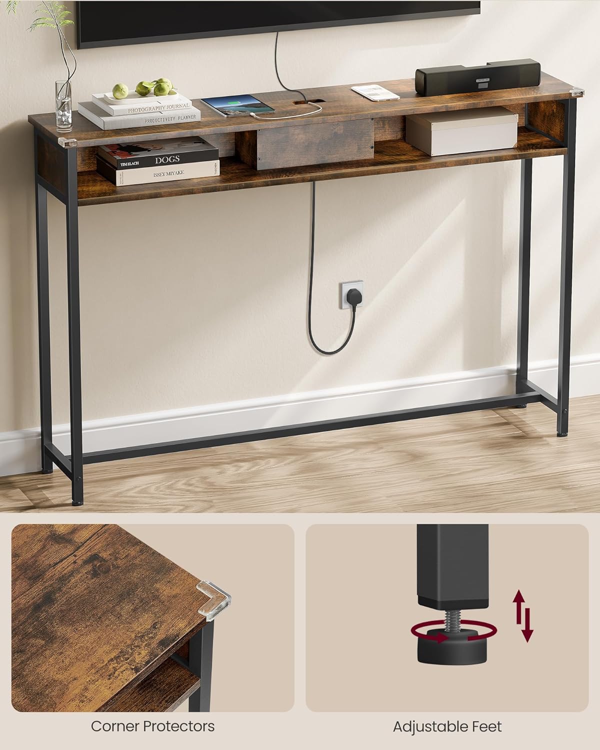 Industrial Style Console Table with Charging Station, Slim Console Table for Hallway, Narrow Table with 2 Compartments