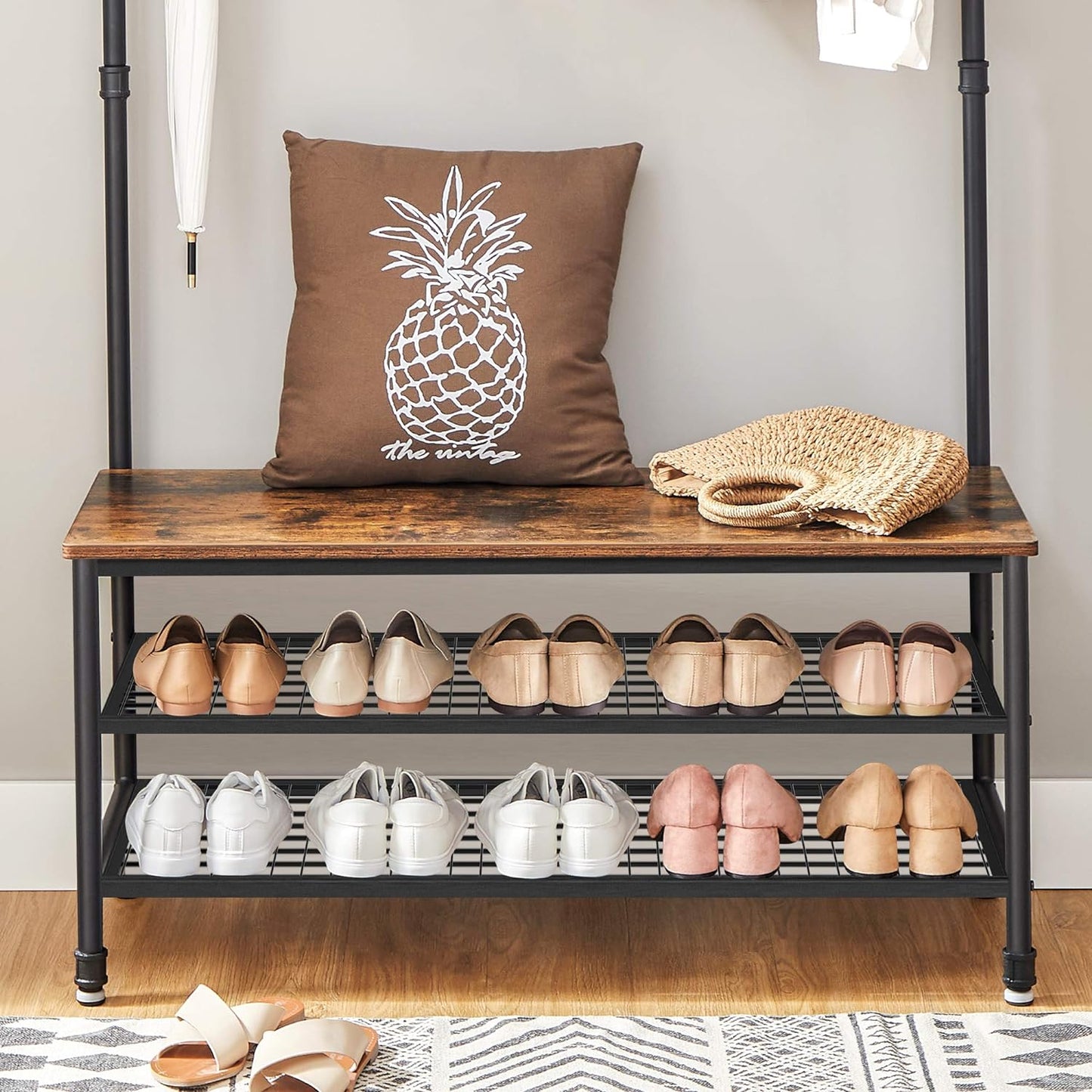 Industrial Style Coat Rack Stand, Large Hall Tree with Bench and Shoe Storage