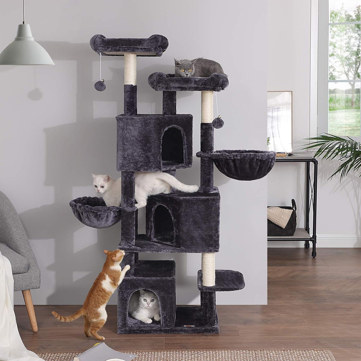 Large Cat Tree with 3 Cat Caves, 164 Cm Cat Tower, Smoky Grey PCT98G