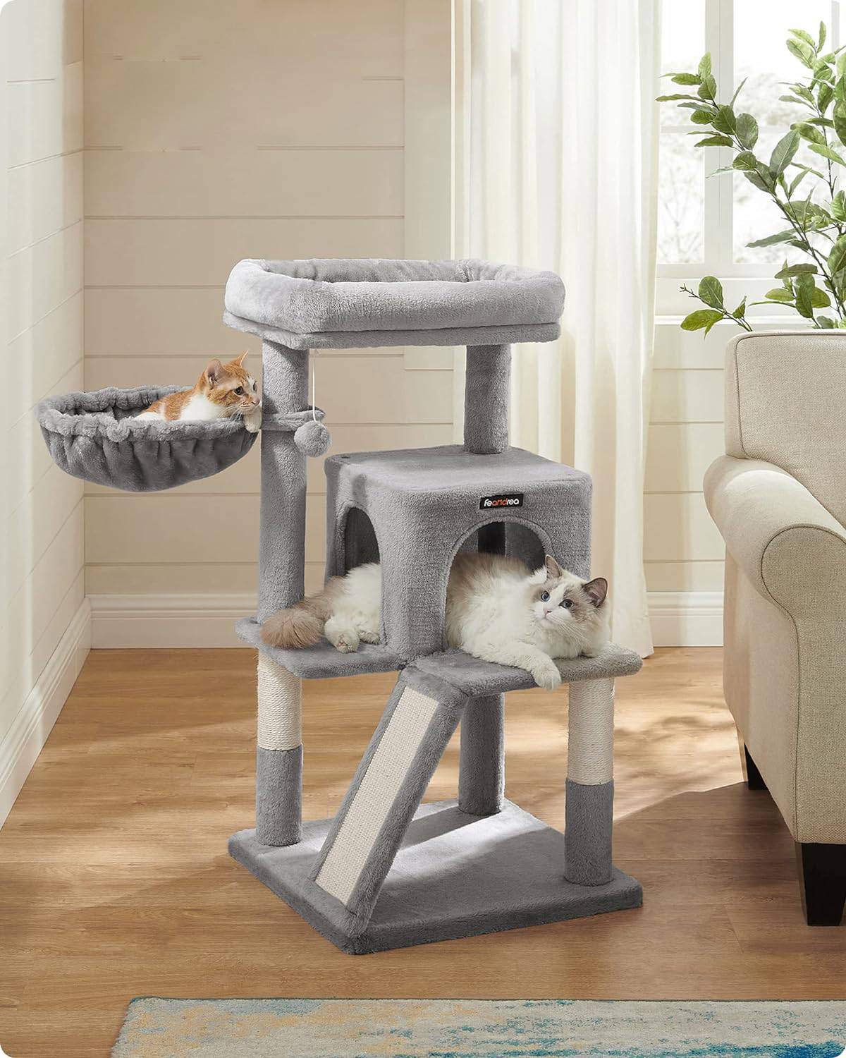 Grey Cat Tower with Scratching Ramp