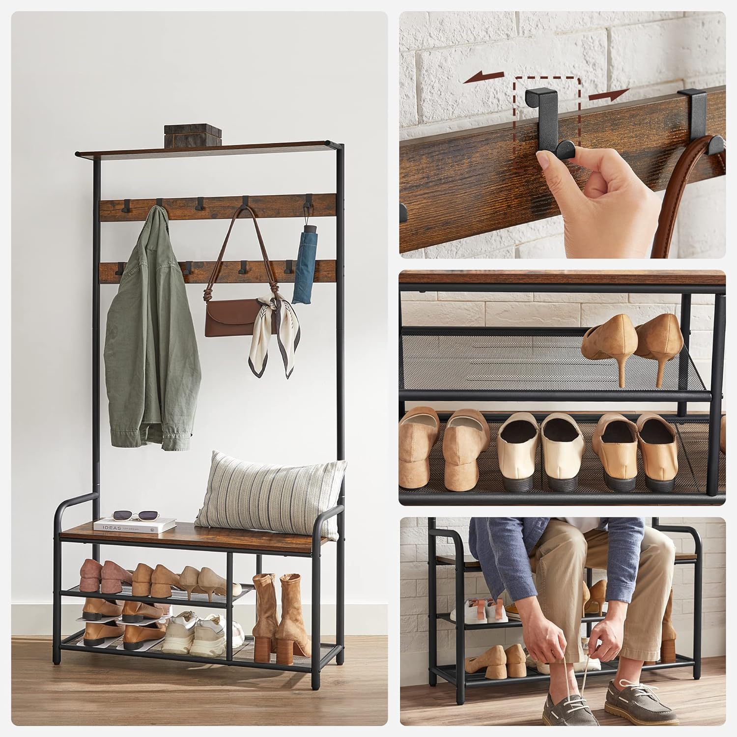 Industrial Style Coat Stand Rack, Coat and Shoe Storage Hallway