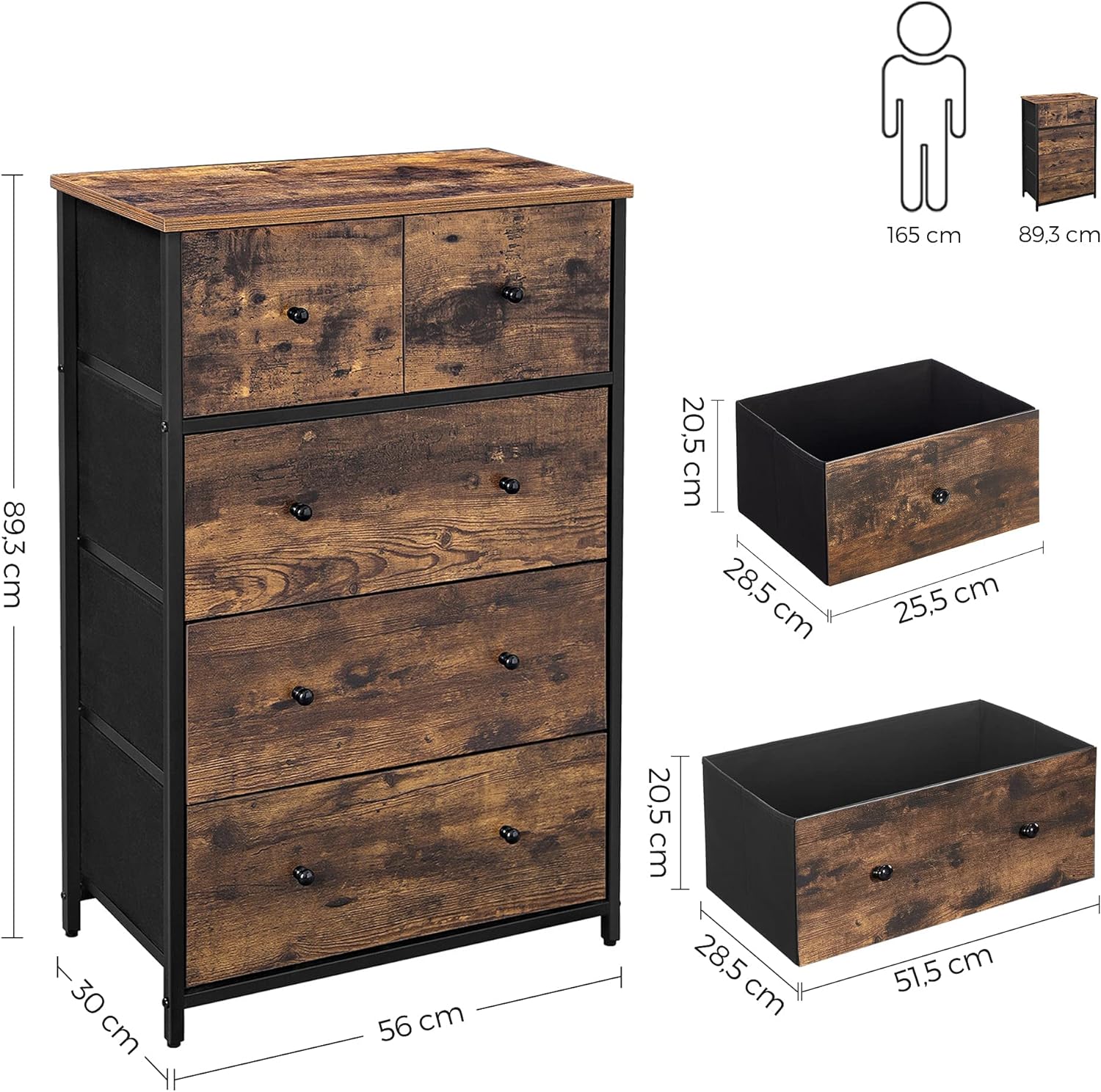 Industrial Style Chest of Drawers, Fabric 5-Drawer Storage Organiser Unit