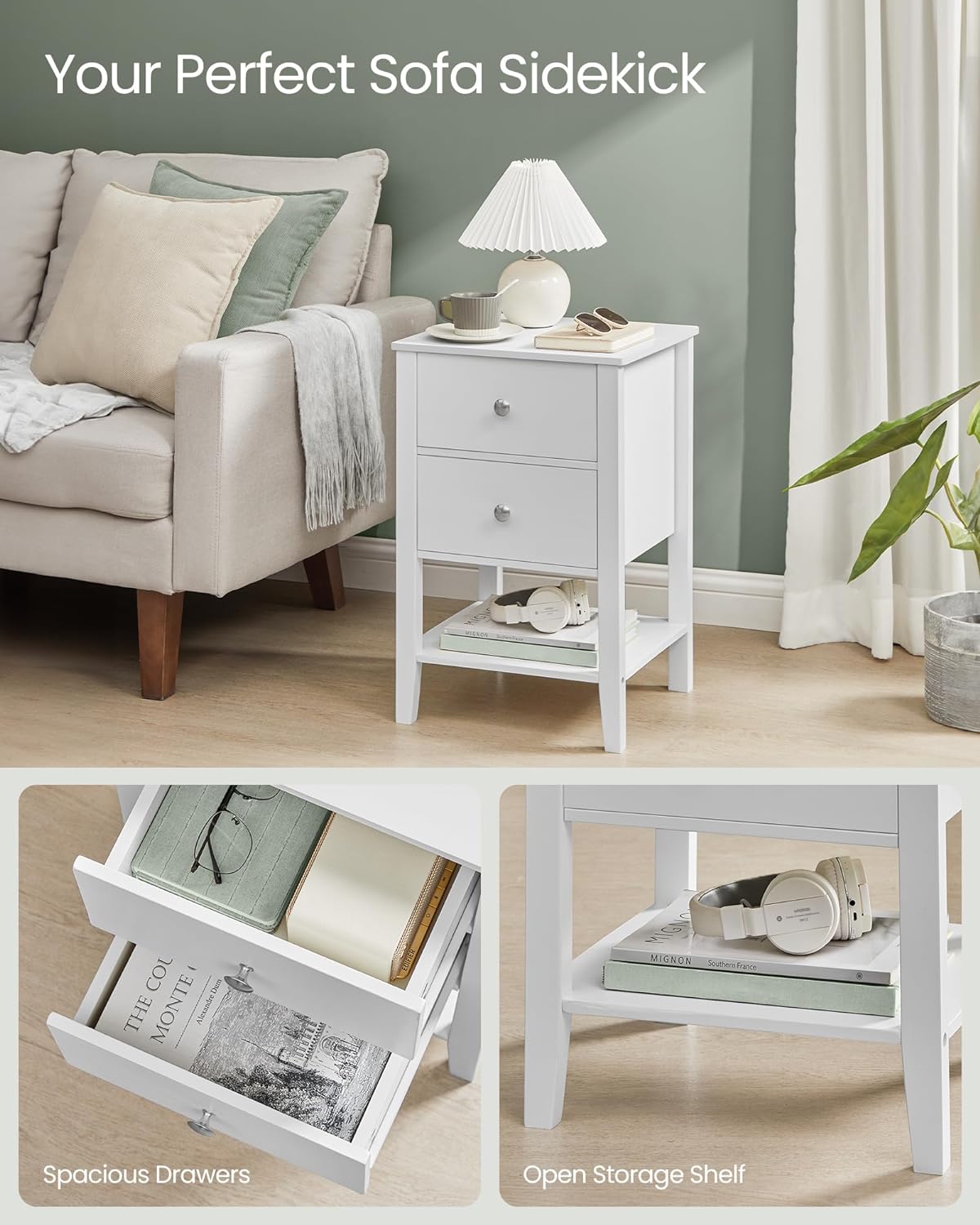 Modend White Bamboo Bedside Tables, Set of 2, Side Tables with 2 Storage Drawers and Open Shelf