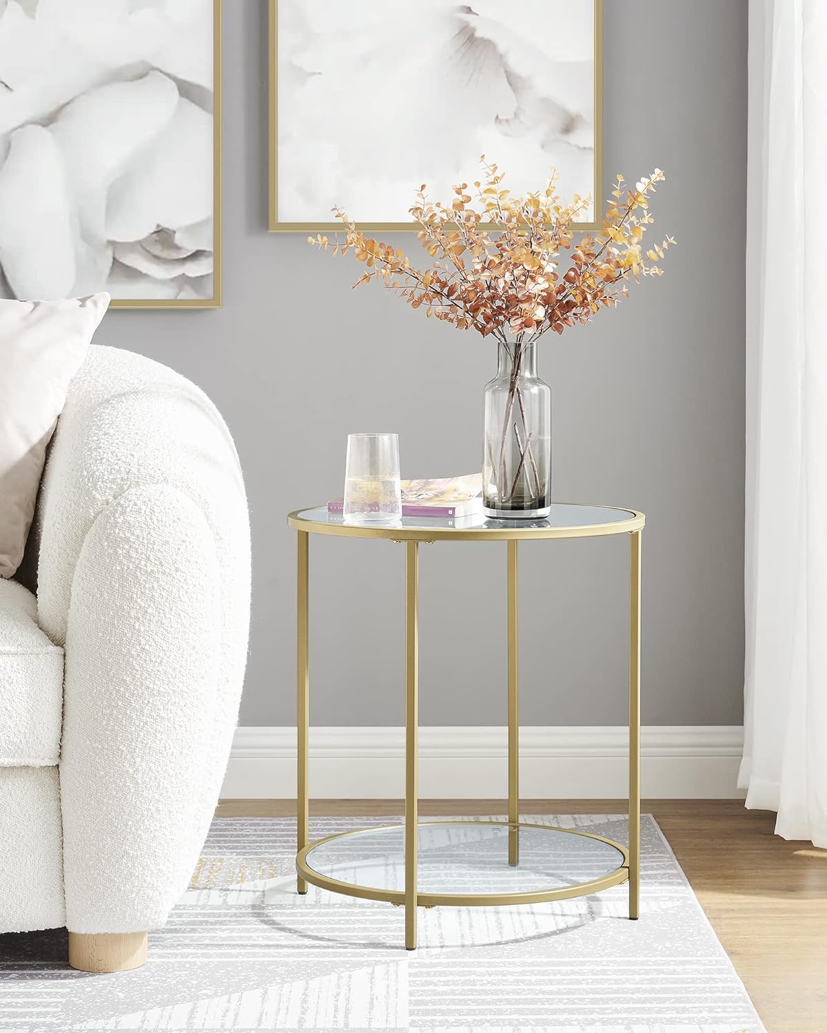 Gold round Side Table, Small Coffee Table, 2-Tier Tempered Glass End Table with Steel Frame