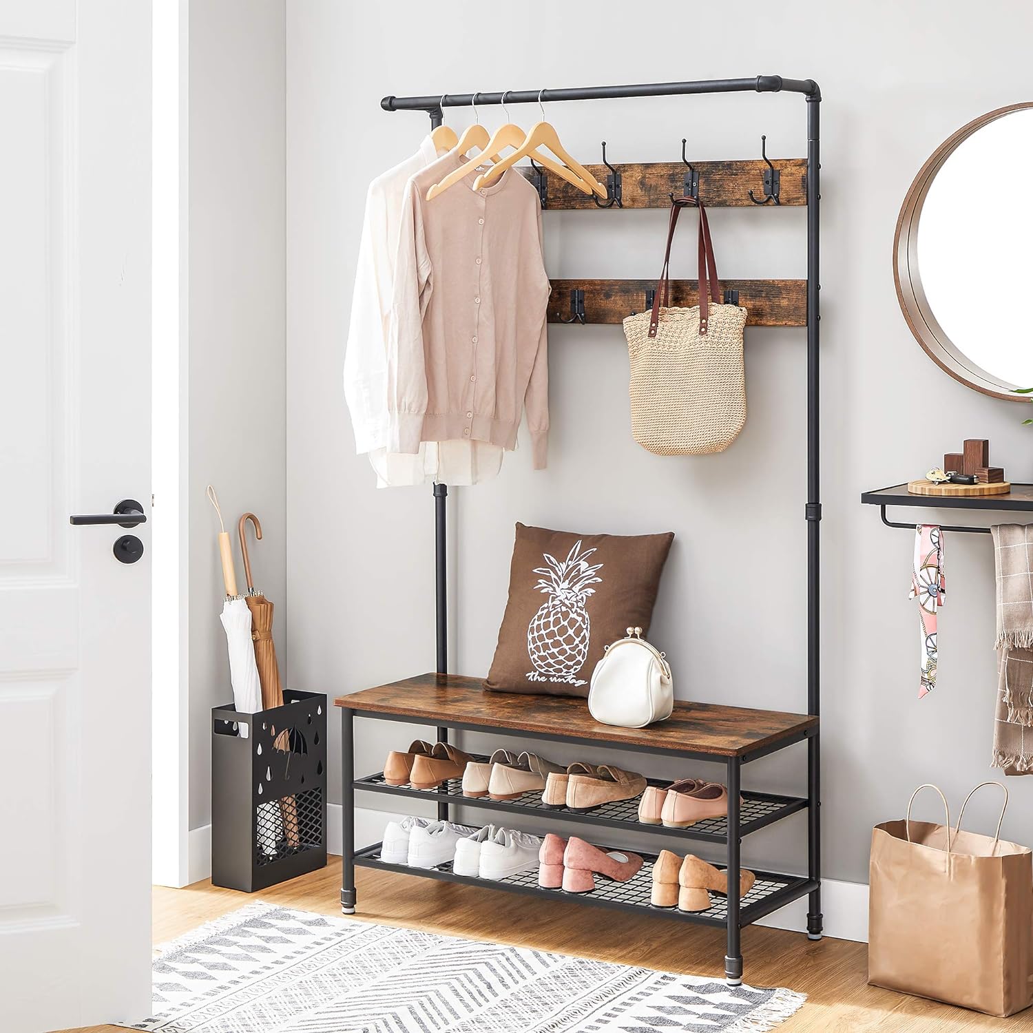 Industrial Style Coat Rack Stand, Large Hall Tree with Bench and Shoe Storage