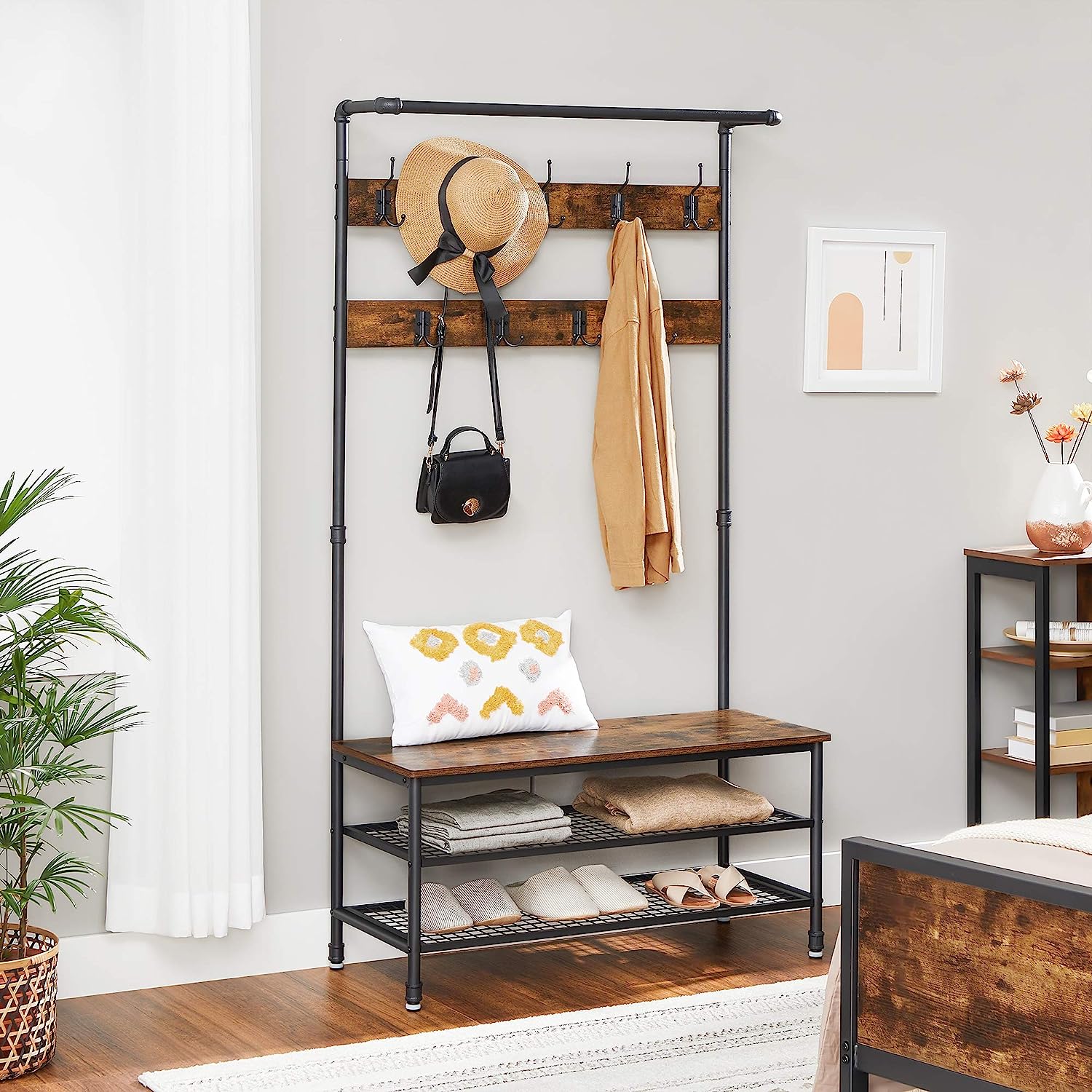 Industrial Style Coat Rack Stand, Large Hall Tree with Bench and Shoe Storage