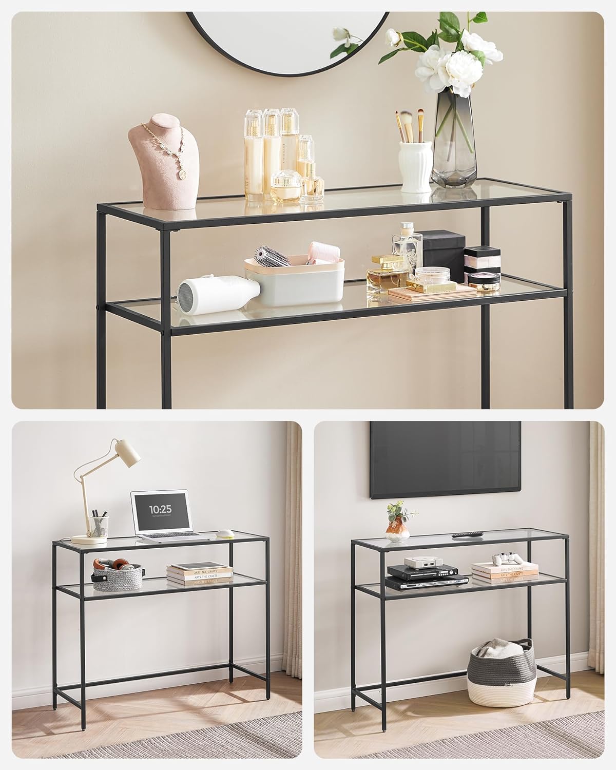 Black 2 Storage Shelf Console Table, Entrance Table, Sofa End, Tempered Glass Table Top