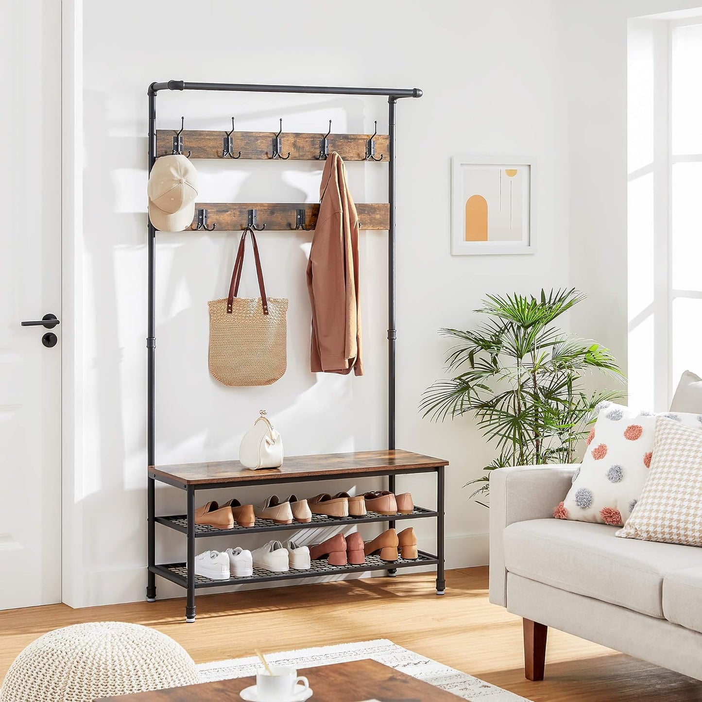 Industrial Style Coat Rack Stand, Large Hall Tree with Bench and Shoe Storage