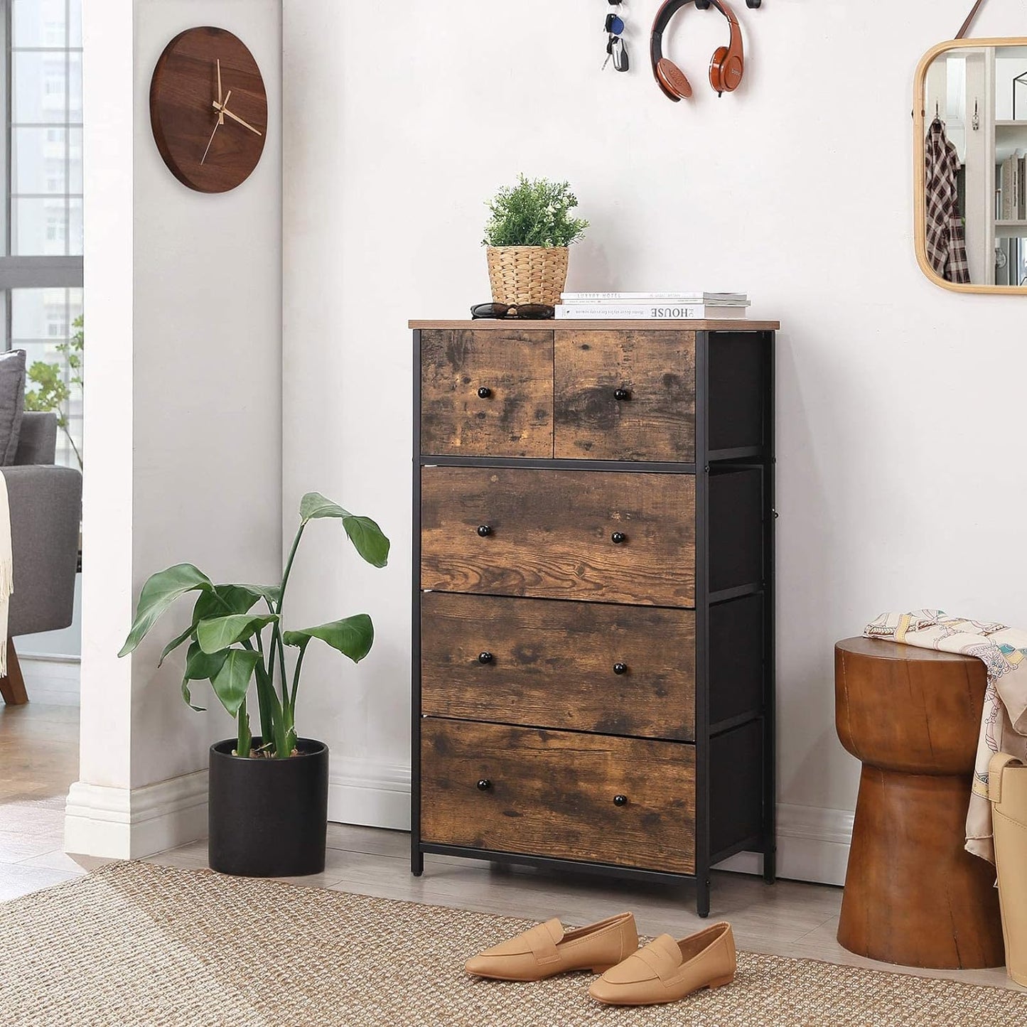 Industrial Style Chest of Drawers, Fabric 5-Drawer Storage Organiser Unit