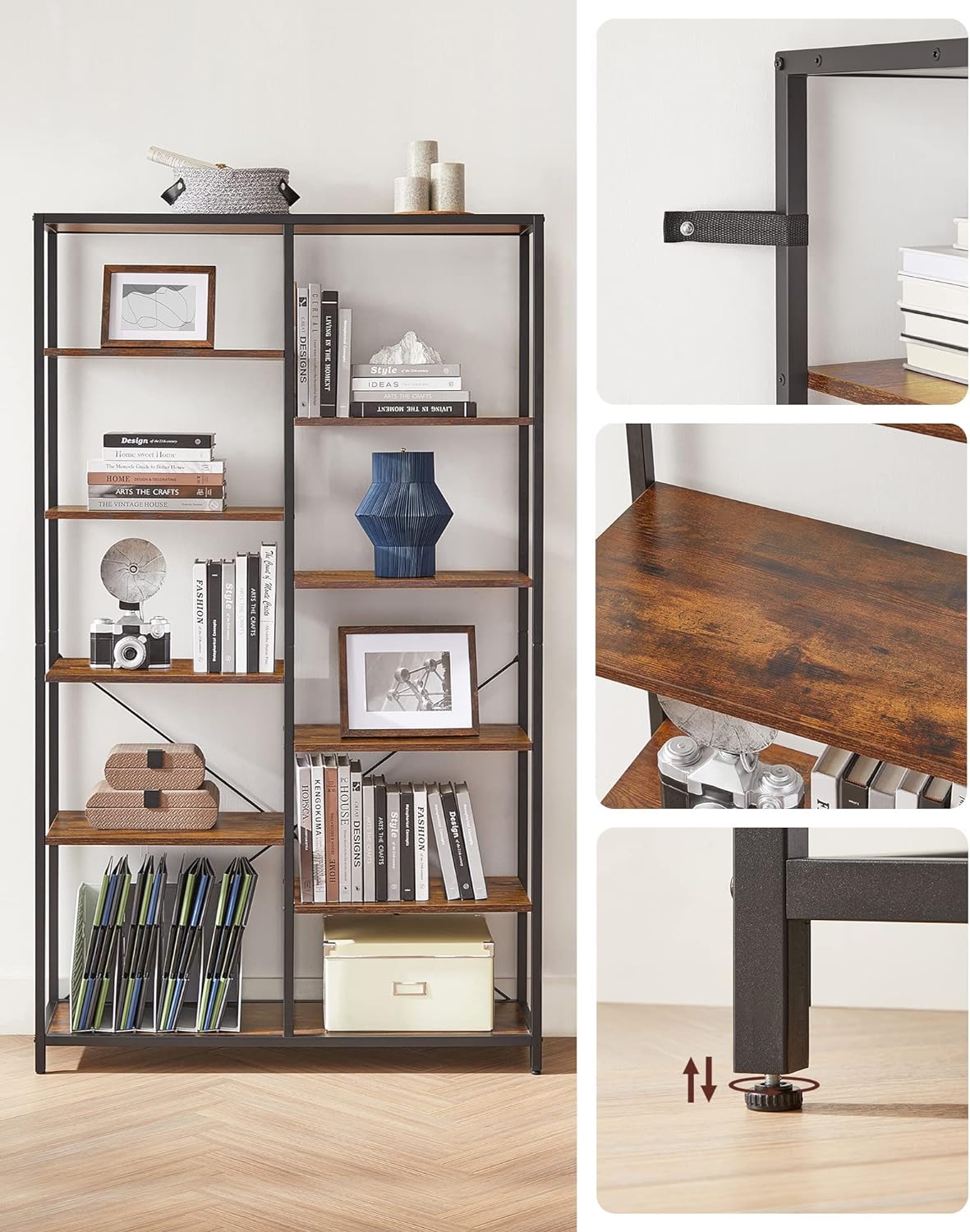 Industrial Style 5-Tier Bookcase - Rustic Brown & Black, Perfect for Any Room, Easy Assembly