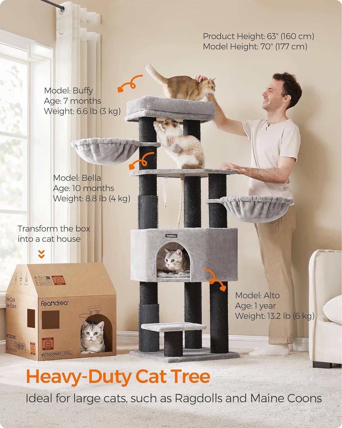 Cat Tree for Large Cats, Heavy-Duty Cat Tower with Self-Warming Pads