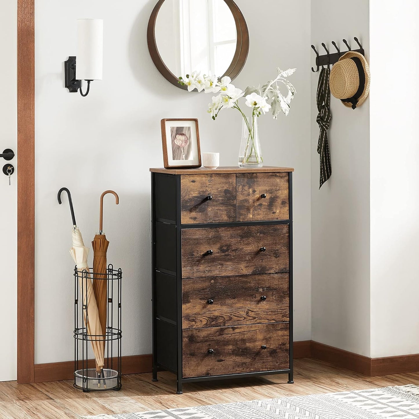 Industrial Style Chest of Drawers, Fabric 5-Drawer Storage Organiser Unit