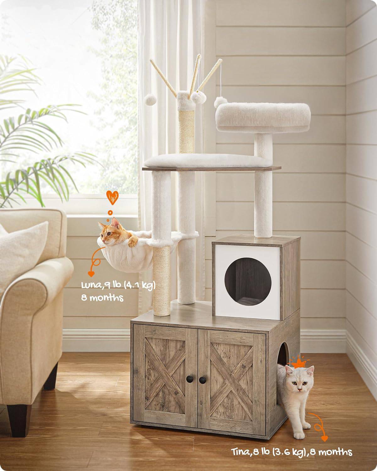 Industrial Style Woodywonders Cat Tree with Litter Box Enclosure, 2-In-1 Modern Cat Tower