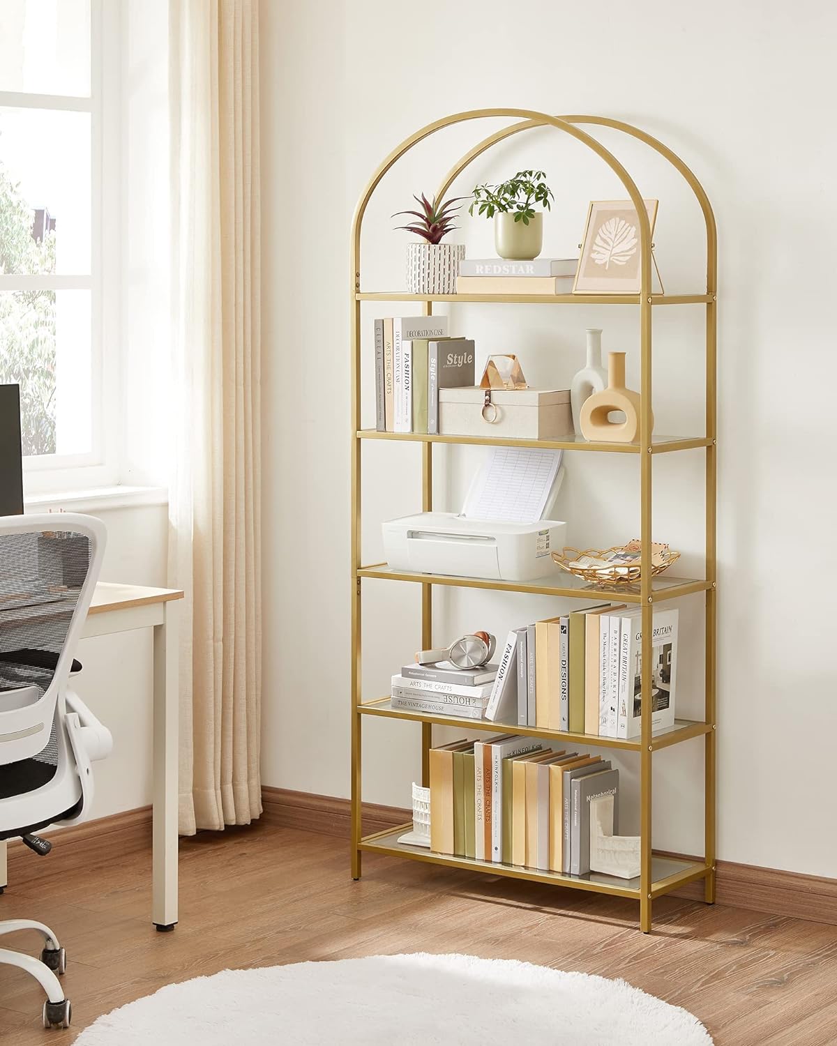 5 Tier Shelf, Tempered Glass Shelving Unit, Arched Design, Steel Construction, for Living Room, Working Bathroom