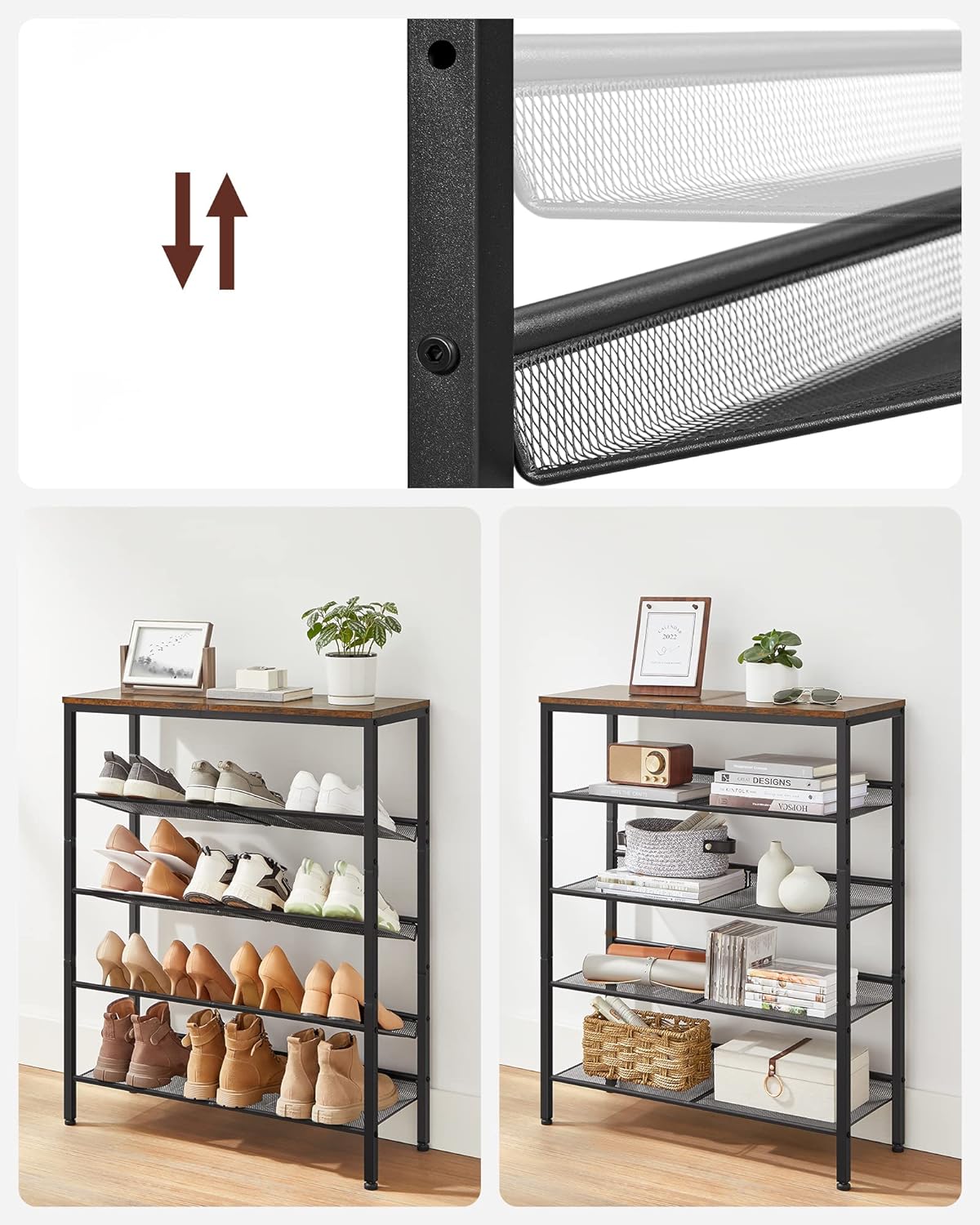 5-Layer Shoe Rack, High Shoe Storage with 4 Mesh Shelves