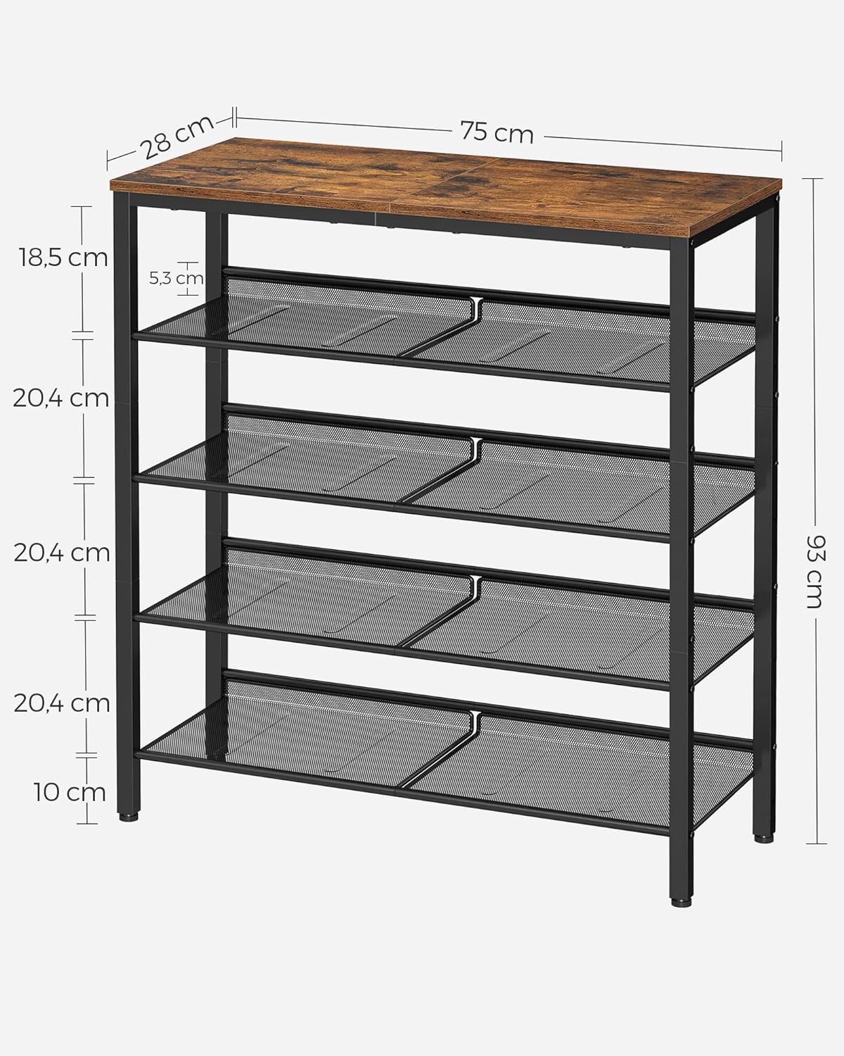 5-Layer Shoe Rack, High Shoe Storage with 4 Mesh Shelves