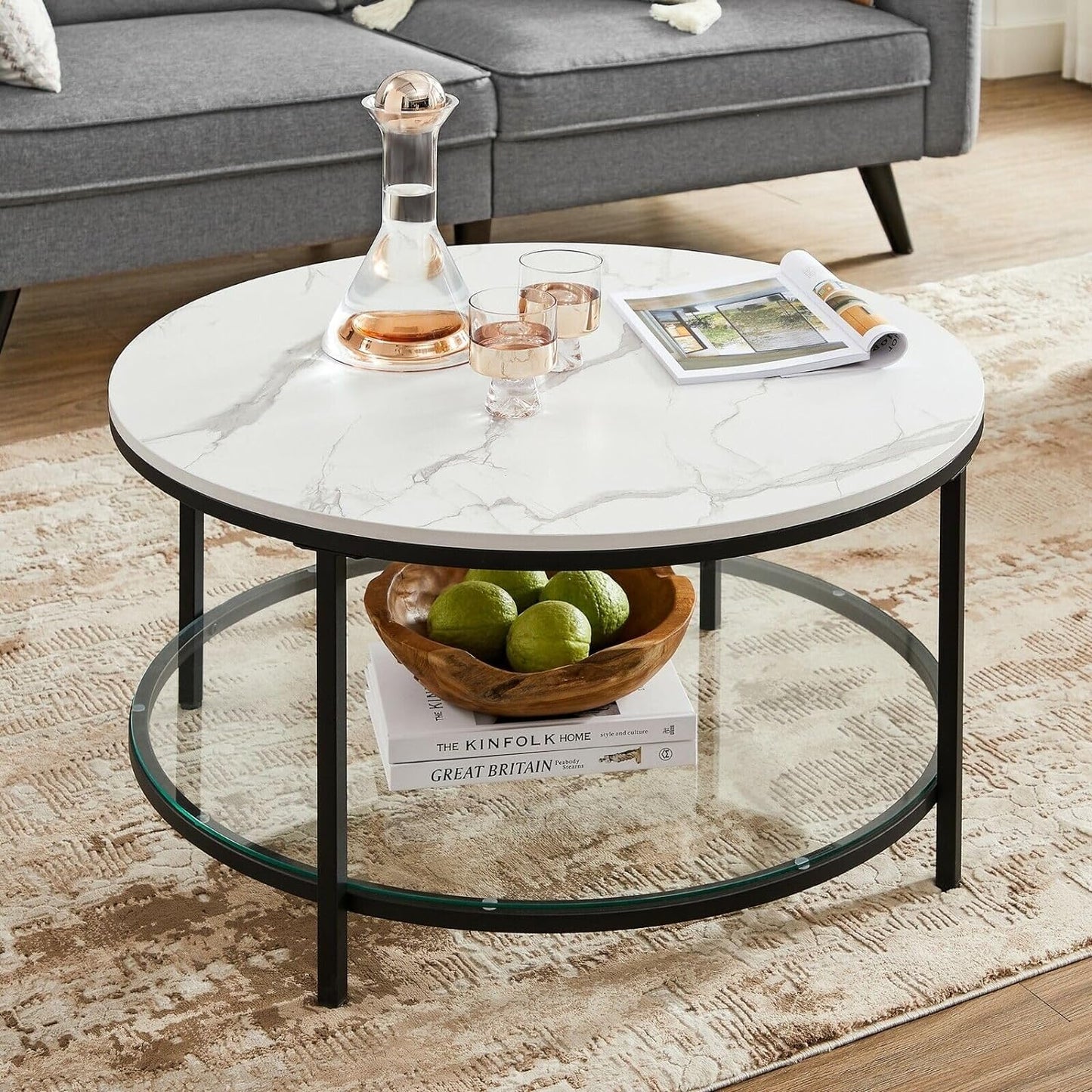 Modern Marble Coffee Table with Tempered Glass Shelf - Easy Assembly, Stylish Living Room Centerpiece in Marble White and Black