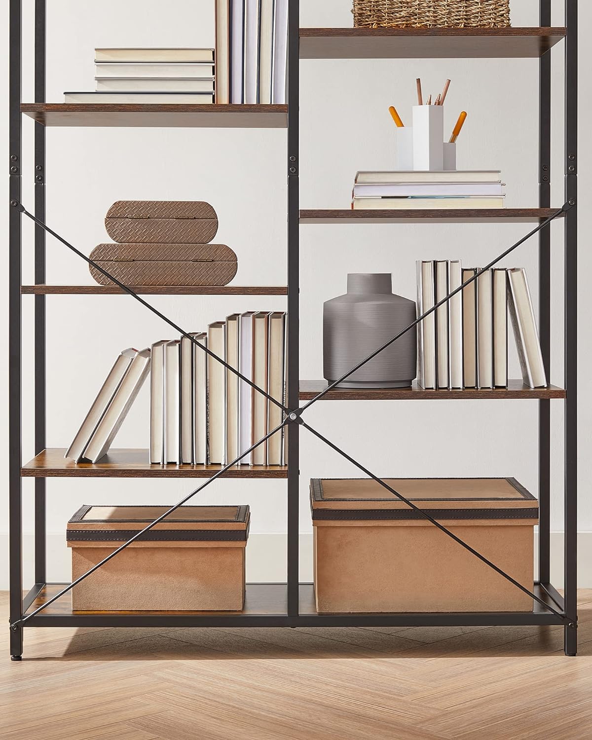 Industrial Style 5-Tier Bookcase - Rustic Brown & Black, Perfect for Any Room, Easy Assembly