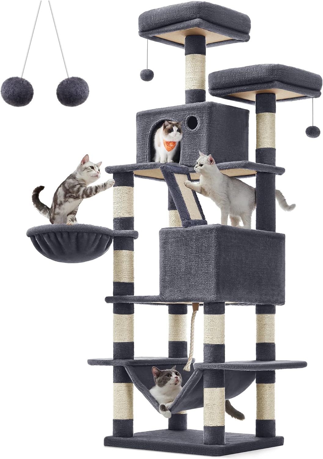 Cat Tree, 168 and 206 Cm Large Cat Tower with 13 Scratching Posts, 1 Scratching Ramp, 2 Perches, 2 Caves, Basket, Hammock, Pompoms, Multi-Level Plush Cat Condo for Indoor Cats, Cream White