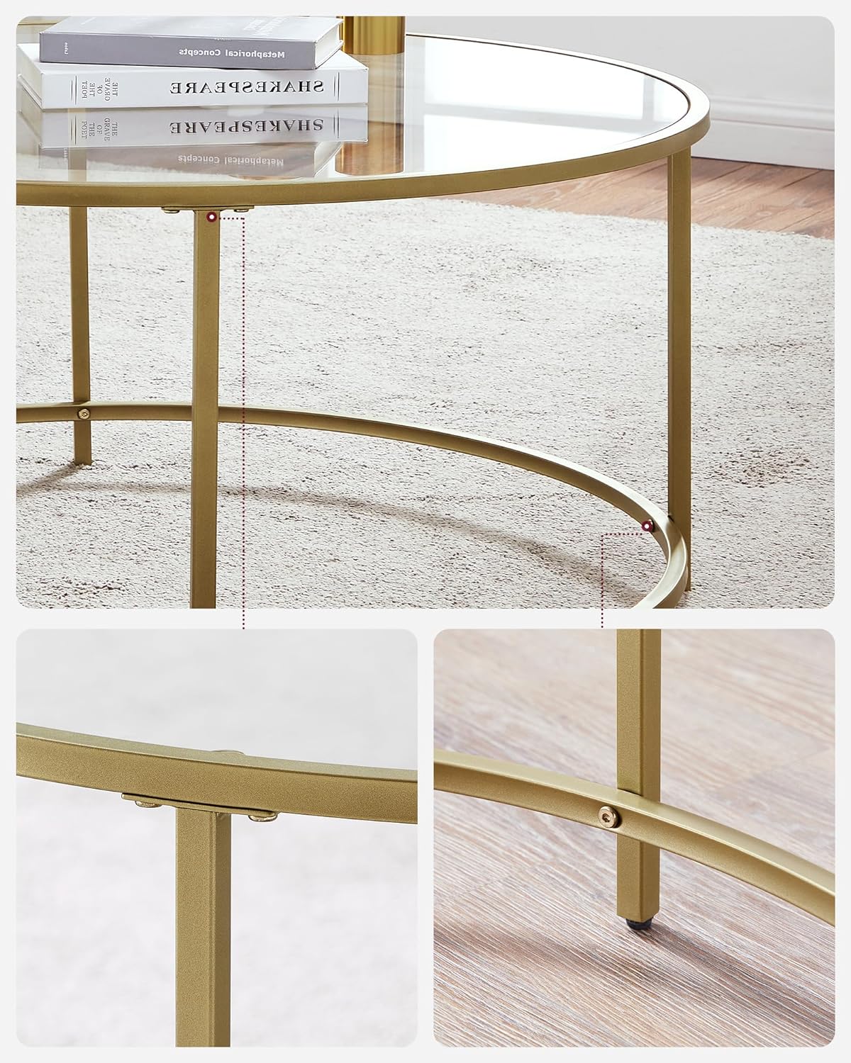 Luxurious Metallic Gold Round Coffee Table - Modern Glass Top with Metal Frame for Elegant Living Rooms