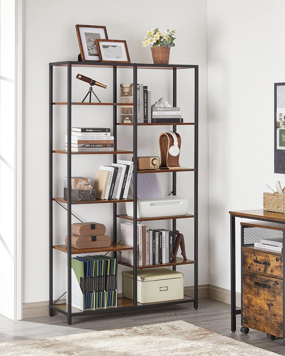 Industrial Style 5-Tier Bookcase - Rustic Brown & Black, Perfect for Any Room, Easy Assembly